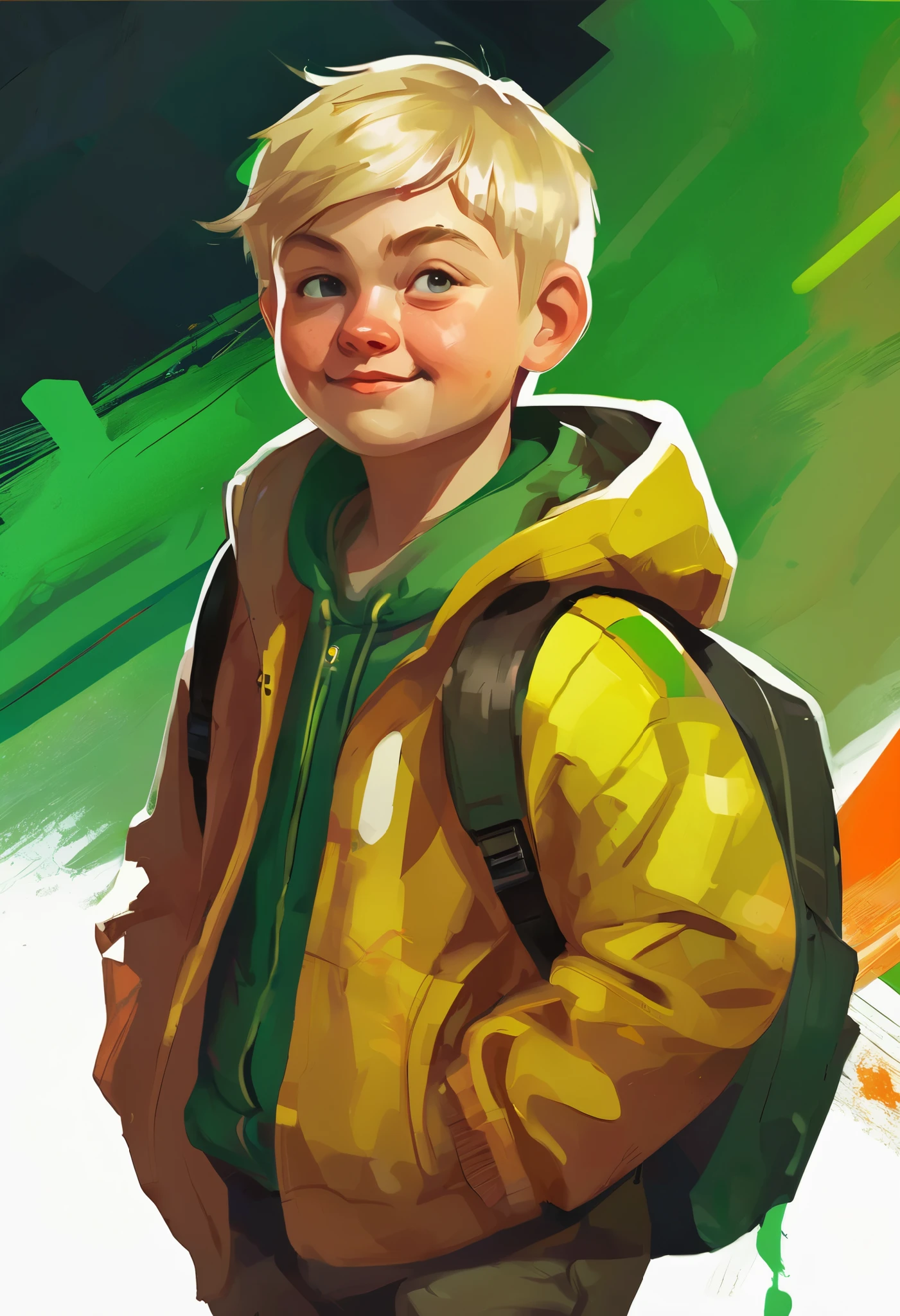 Disco Elysium style portrait, close up, young boy, fat, boy, russian boy, fat, shabby hoodie with 'ROBLOX' logo, worn sports pants, old worn sock, naive expression, short light blond hair, round face, wide green eyes, crooked smile, glowing smartphone, playful and silly, cheerful, high quality, russian house atmosphere, vibrant brushstrokes, yellow tones, orange tones, toxic green, abstract background, like innocence, energetic and curious, Disco Elysium artstyle