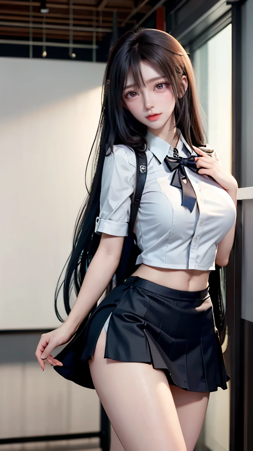 (Best Quality, hight resolution, Ultra-detailed:1.2), Realistic, Portraits:0.9, Vivid colors, Studio Lighting, Standing Pose, Long braided hair, Parted bangs, Big breasts, gazing, Shy smile, Evil smile:1.2, Black uniform, Skirt, Solo, White shirt, Black tie