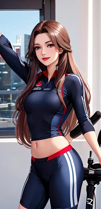 Brown long-haired。Brown eyes。Cybercore。Cowboy shot。Smirking。Wearing gaming headset。 Wearing blue and white。 sexy horny