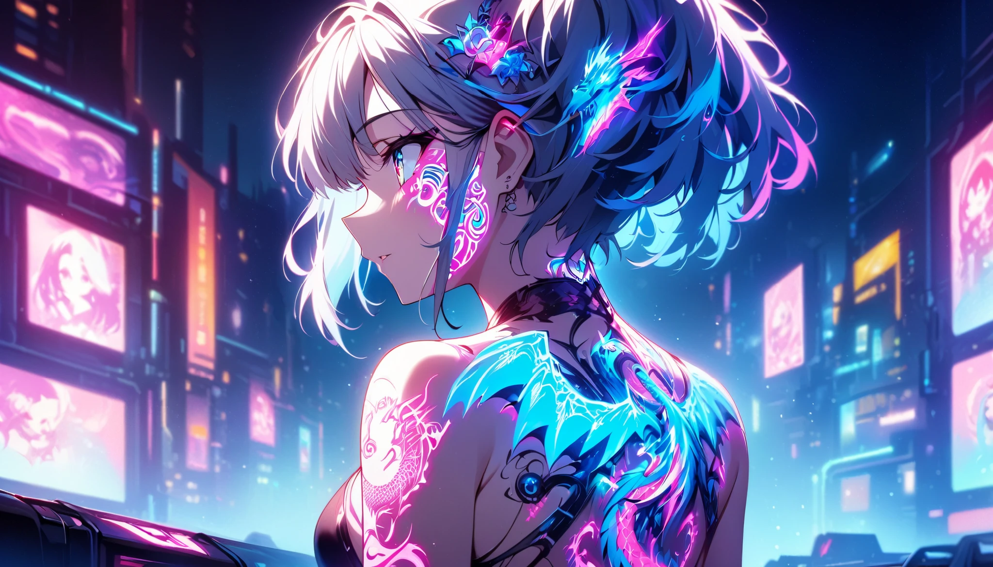 cyberpunk、A girl is decorated with thick anime art illustrations, glowing neon dragon tattoos on her body and face。The tattoo on his back 、Neon flashing、 The scene is dreamy , soft-focus effect that accentuates the brilliance of the tattoo.
