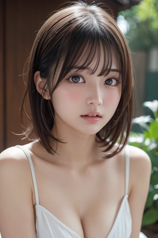 (1 nogizaka girl,15years old face,raw photo,photo realistic:1.5),(best quality, high quality,HDR, highest quality,ultra high resolution,high resolution,high res,ultra high difinition,huge file size,8K,2K wallpaper,8K wallpaper,high quality texture,amazing,an extremely delicate:1.4),one girl, Japanese famous idol,cute face,small face,absurd,ridiculous,incredibly ridiculous,blurry background,(goddess costume,short hair,cleavage,erect nipples,no makeup:1.2),medium skin,beautiful skin,detailed skin,black hair,silky hair,black eyes,Japanese nose,5-fingers,(Light Particles, Lens Flare, Luminous Particles: 0.7),looking at viewer,bright lighting,professional lighting,girl