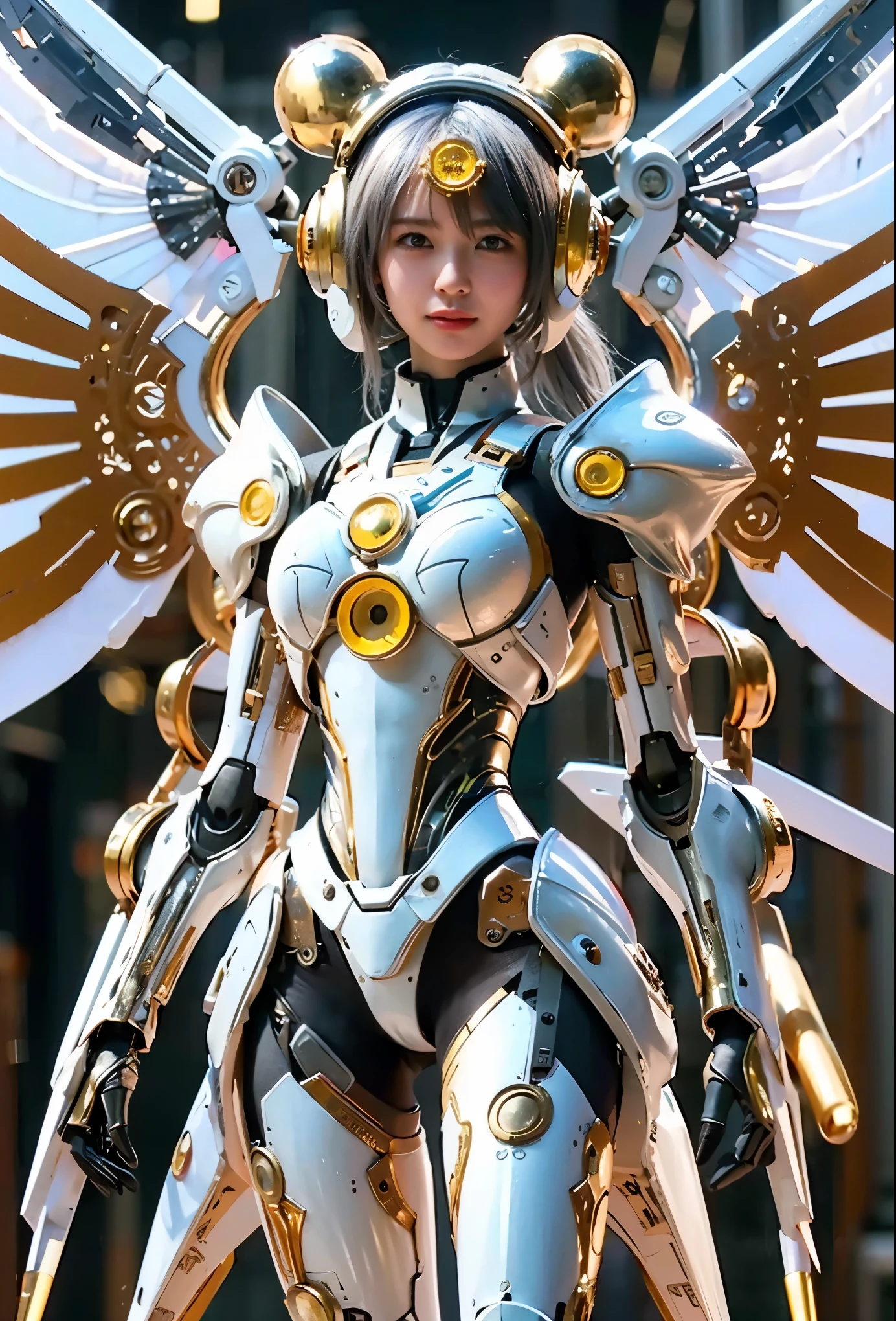 (Completely live action:1.37), (Amazingly realistic textures:1.37), (masterpiece, best quality:1.2), (8k uhd, 16k, 32k, ultra high res), amazingly realistic skin, amazingly realistic photo, superrealism, (photorealistic:1.37), (RAW photo), ultimately realistic, (ultimately realistic all details), (ultimately realistic all textures), super realistic lighting, super realistic shadow, (japanese girl:1.5), ((young face)), smiling, happy, super realistic face, ultimately realistic skin, ultimately realistic eyes, (mascara:1.35)ultimately realistic background, ultimately realistic detail up, kkw-ph1, GotouMaki, (Canon EOS R6, 85mm, 1/200s, f/5.6, ISO 1600), (tattoo), (mechanical armor:1.37), (sel-frame glasses), (blue eyes:1.2), (silver hair:1.3),