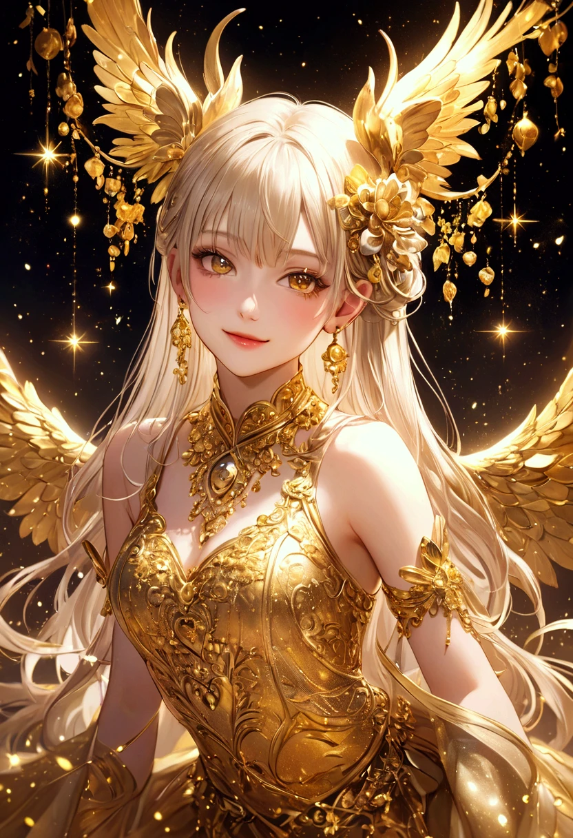 💖👧💋💋 Smile、Sparkling golden powder effect、artistic、fantasy、 Mystery、CG digital イラスト art
