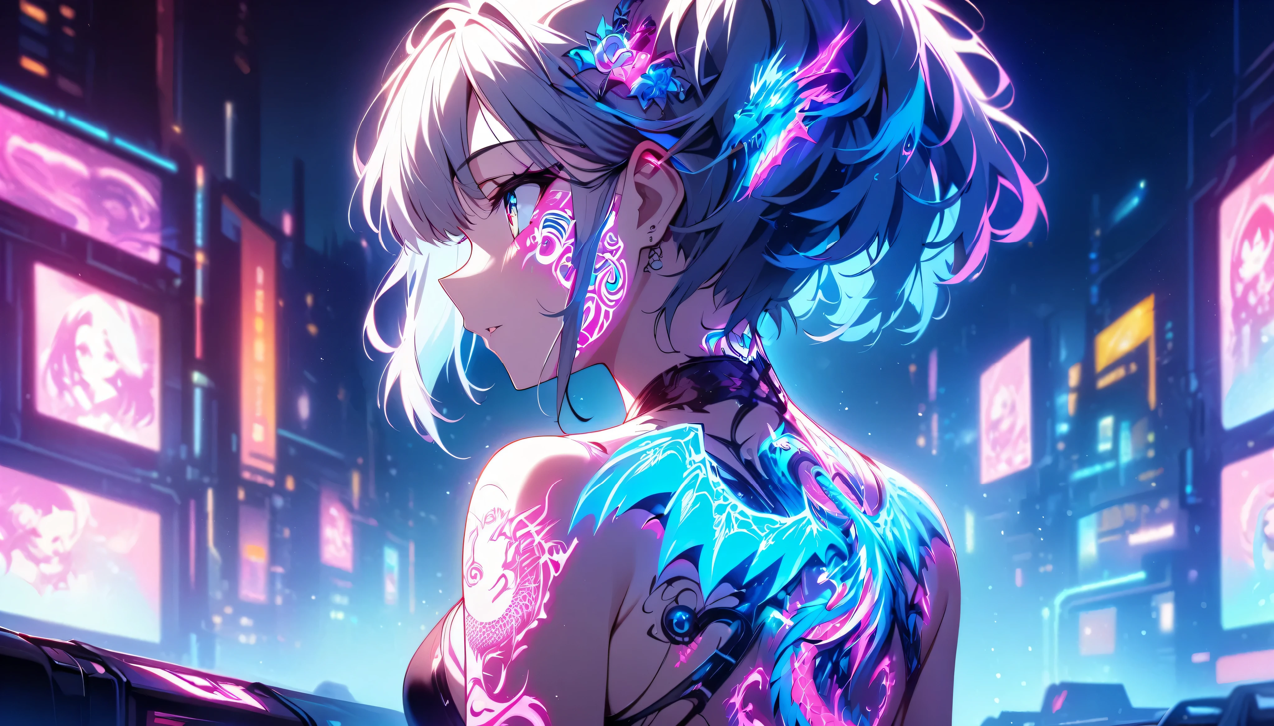 cyberpunk、A girl is decorated with thick anime art illustrations, glowing neon dragon tattoos on her body and face。The tattoo on his back 、Neon flashing、 The scene is dreamy , soft-focus effect that accentuates the brilliance of the tattoo.