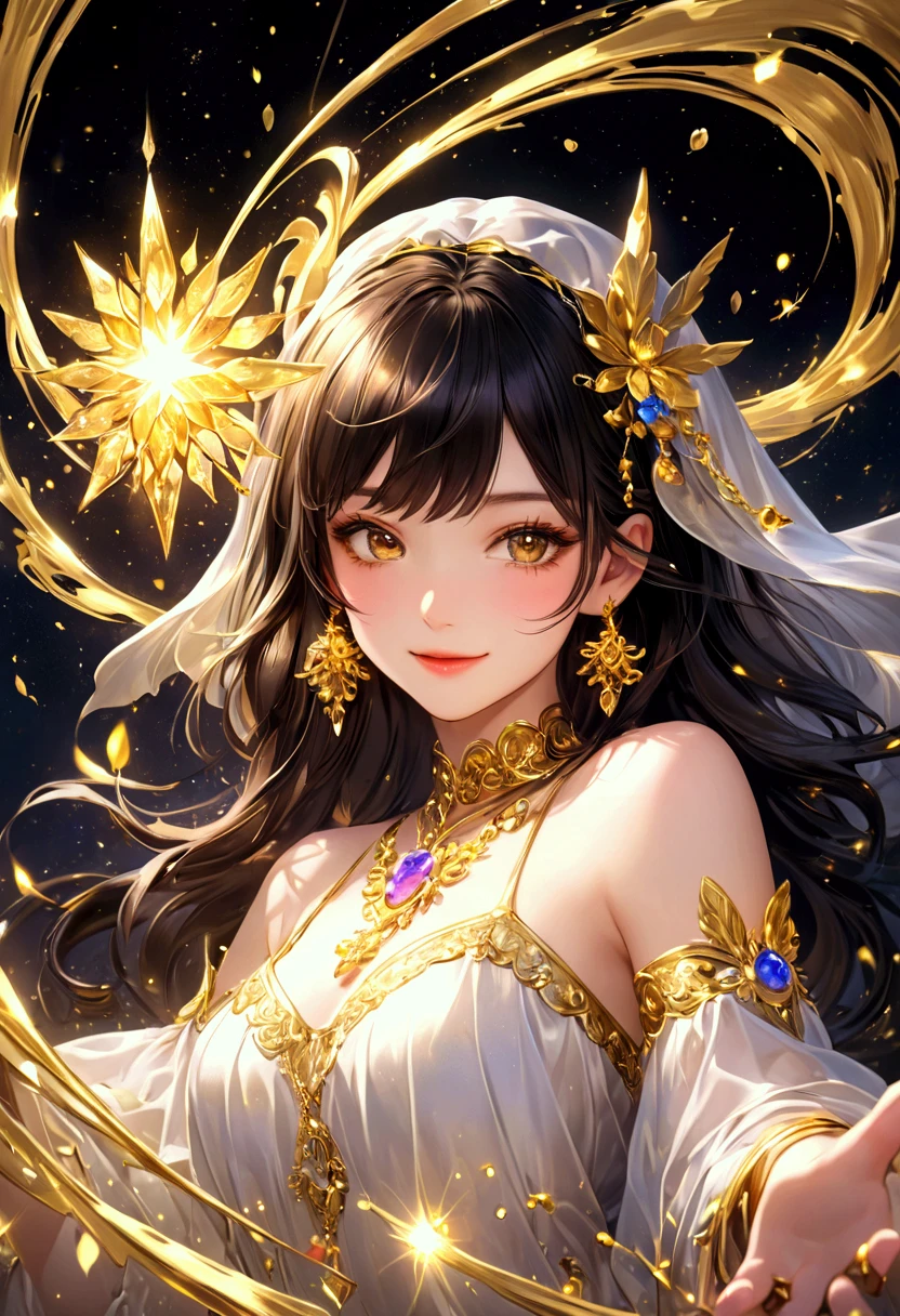 (Highest quality、Highest quality、Masterpiece、Very delicate、Very detailed、Exquisite、16K、Full HD)、1 female、(Light blue negligee、Tutu、gem、ribbon、Silver decoration)、Small breasts、Perfect body line、Glowing Skin、(Groomed eyebrows、Pink Lips、Golden Eyeysterious Face)、(Black Hair、Braid、Medium Bob Hair、Shiny Hair、hair ornaments)、Dramatic lighting、(universe、Astrology)
