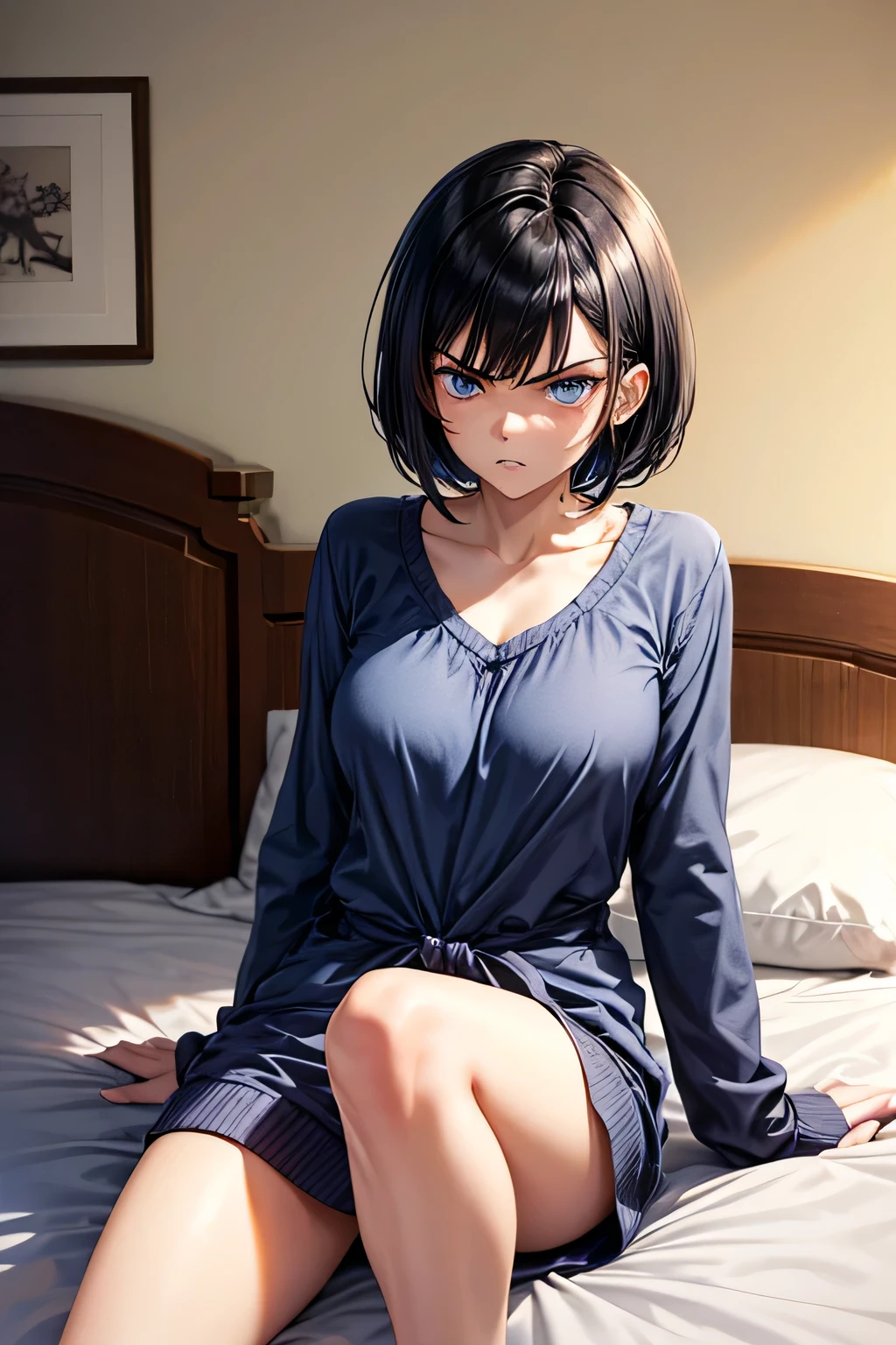 Woman with short black hair blue eyes prominent figure sitting on one side of the bed looking at something angry anime style