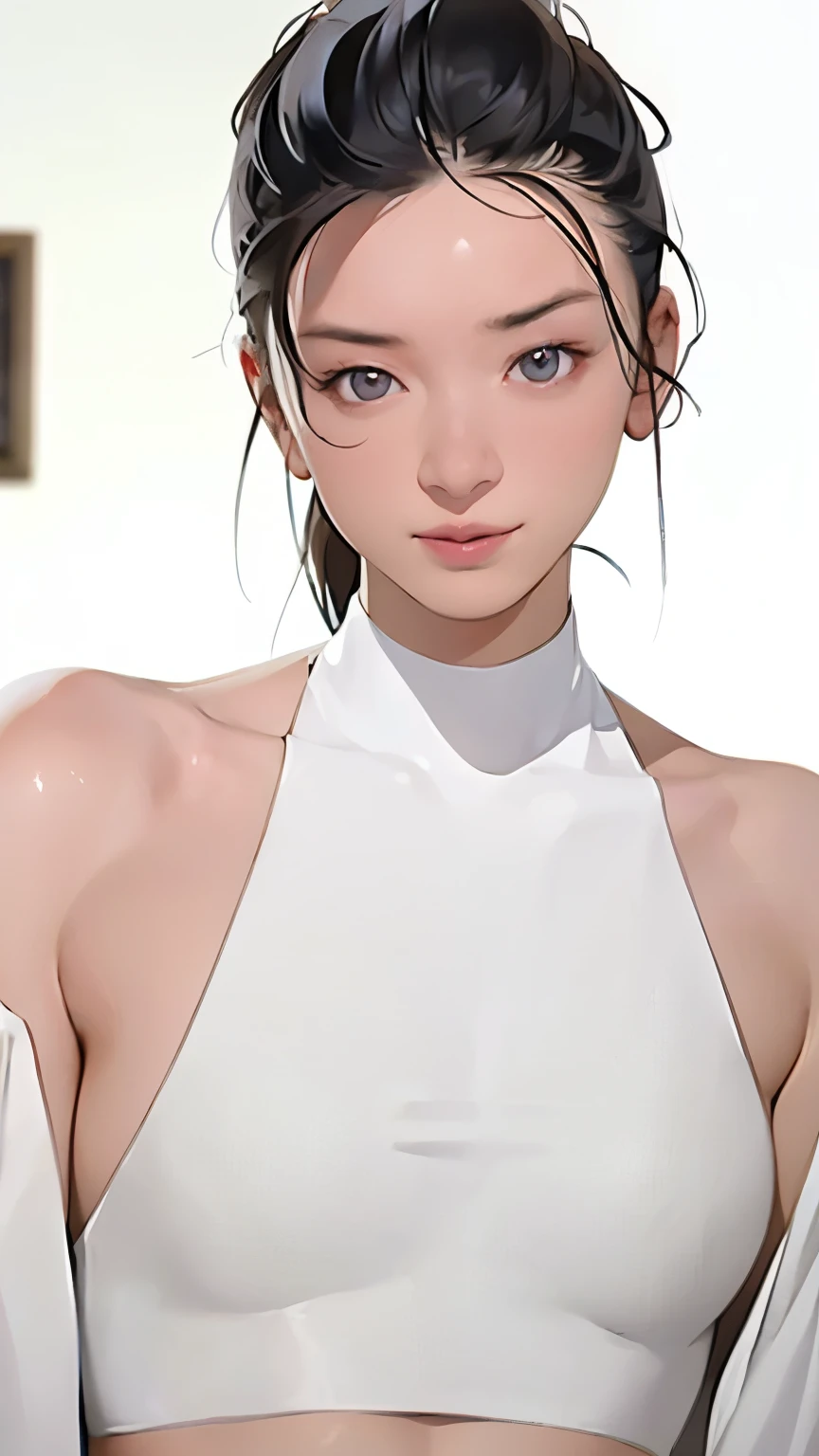 1 Girl, Medium Boobs , starlike eyes , (8k, RAW photos, High sensitivity, best quality, masterpiece, narrower High Definition , Realism: 1.25), , ( Very detailed CG Unity 8K wallpaper , best quality, High Definition : 1.2), ( narrower _ Details, 超 High Definition : 1.2), perfect lighting, personal , ( 1 Girl: 1.4), ( cute girl: 1.2), Unreal Engine , side of the studio lights , gray hair, 紫色の目, Perfect Faces , Detailed face, perfect body through Ngs, beautiful eyes , facial beauty, ( white skin due to magic: 1.4), Idol, ( upper body shot ;1.5), (( woman in white bikini ;1.7)), transparent,