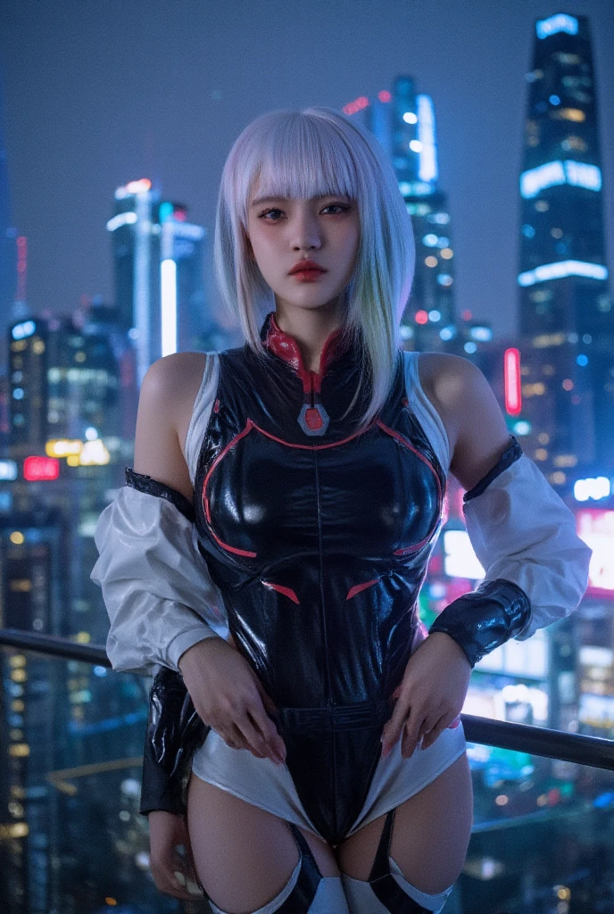 masterpiece, best quality, highres, lu1, cyborg, multicolored hair, makeup, bare shoulders, black leotard, highleg leotard, (thong:1.1), white jacket, open jacket, belt, shorts, cowboy shot, cyberpunk, sitting, crossed legs, bench,