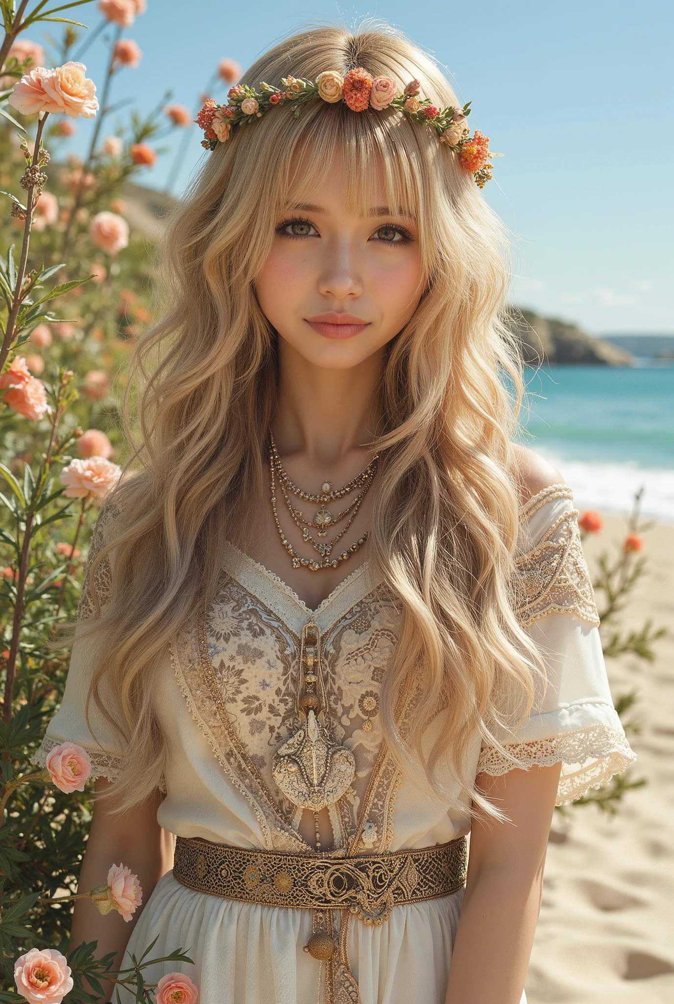 1girl,best quality,masterpiece,illustration,an extremely delicate and beautiful,CG,unity,8k wallpaper,Amazing,finely detail,masterpiece,official art,extremely detailed CG unity 8k wallpaper,incredibly absurdres,huge filesize,ultra-detailed,highres,extremely detailed,beautiful detailed girl,realistic,flower sea,(Bohemian_printed_top:1.4),(Flowy_maxi_skirt:1.3),(Layered_necklaces:1.2),