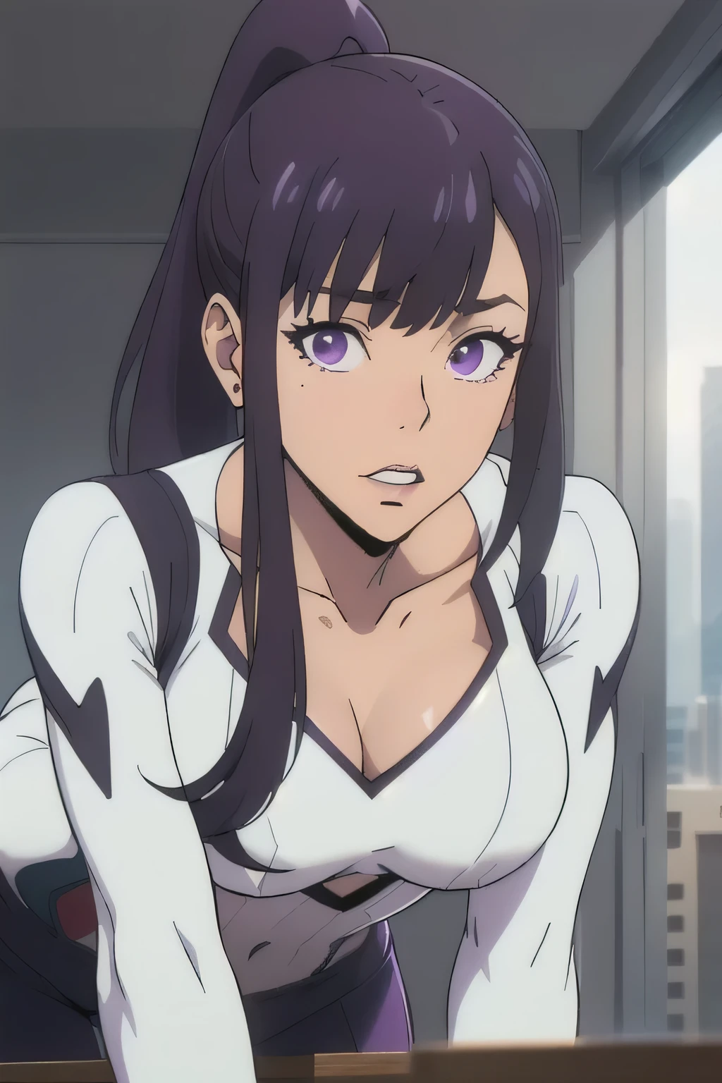 1 girl in, 18, photo of Sung Jinha, Solo Levelling Waifu, photo of perfect woman, Solo, Aesthetic artwork, (long hair, straight purple hair, long ponytail, dark purple hair, bangs: 1.25), (violet eyes, clear skin, fare skin, small breasts, B-cup, runners body, very thin waist, skinny, petite, detailed skin texture, (Masterpiece), (lying face down on a desk, chest on the desk, squished boobs, leaning forward, Half-Lidded eyes, glossy lips, focus on breasts:1.2), (wearing a white spider man suit, pure white Spider-Man suit, gender Bend spider man cosplay, Spider Gwen), rooftop Skyline, on a rooftop, Stary night, evening, (extremely detailed 8k wallpaper), soft lighting, high quality, film grain, 50mm, High Detail, Sharp focus, (natural light), (cowboy photo:1.2), light particles