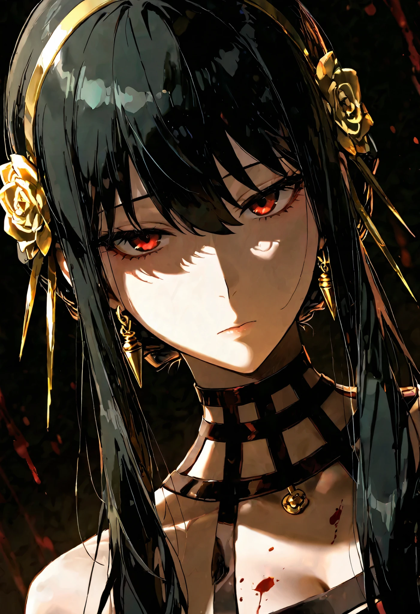 1girl, solo, yor briar, dutch angle, close up, black hair, golden headband, red eyes, blood stains, intricate choker, cold stare, dark background, dark theme, wallpaper, masterpiece, high quality, highly detailed