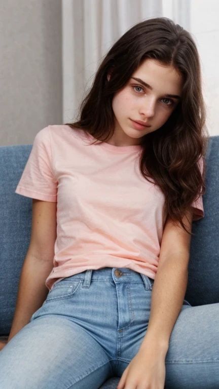 Very beautiful skinny age girl, sits on the couch , tight blue jeans and short pink t-shirt, 14-year-old girl , , top quality, 4k, HD, masterpiece, beautiful and detailed face, three-quarter plane ,