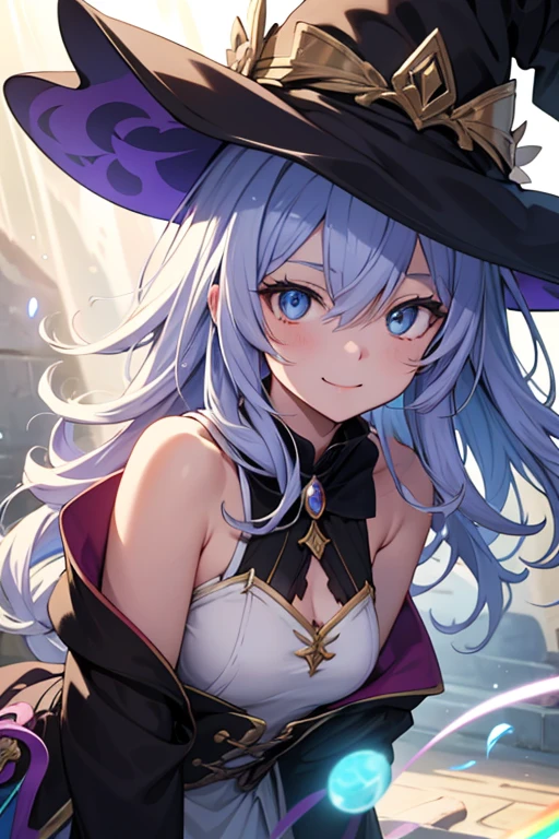 (Watercolor1.16), 1girl, masterpiece, best quality, extremly detailed, Cinematic lighting, intricate detail, highres, official art, finely detailed beautiful face and eyes, high resolution illustration, 8k, dark intense shadows, overexposure, long hair, long hair, blue hair, witch hat, black robe, large breasts, cleavage, holding staff, ((magic)), electricity, yellow eyes, glowing eyes, open mouth,
