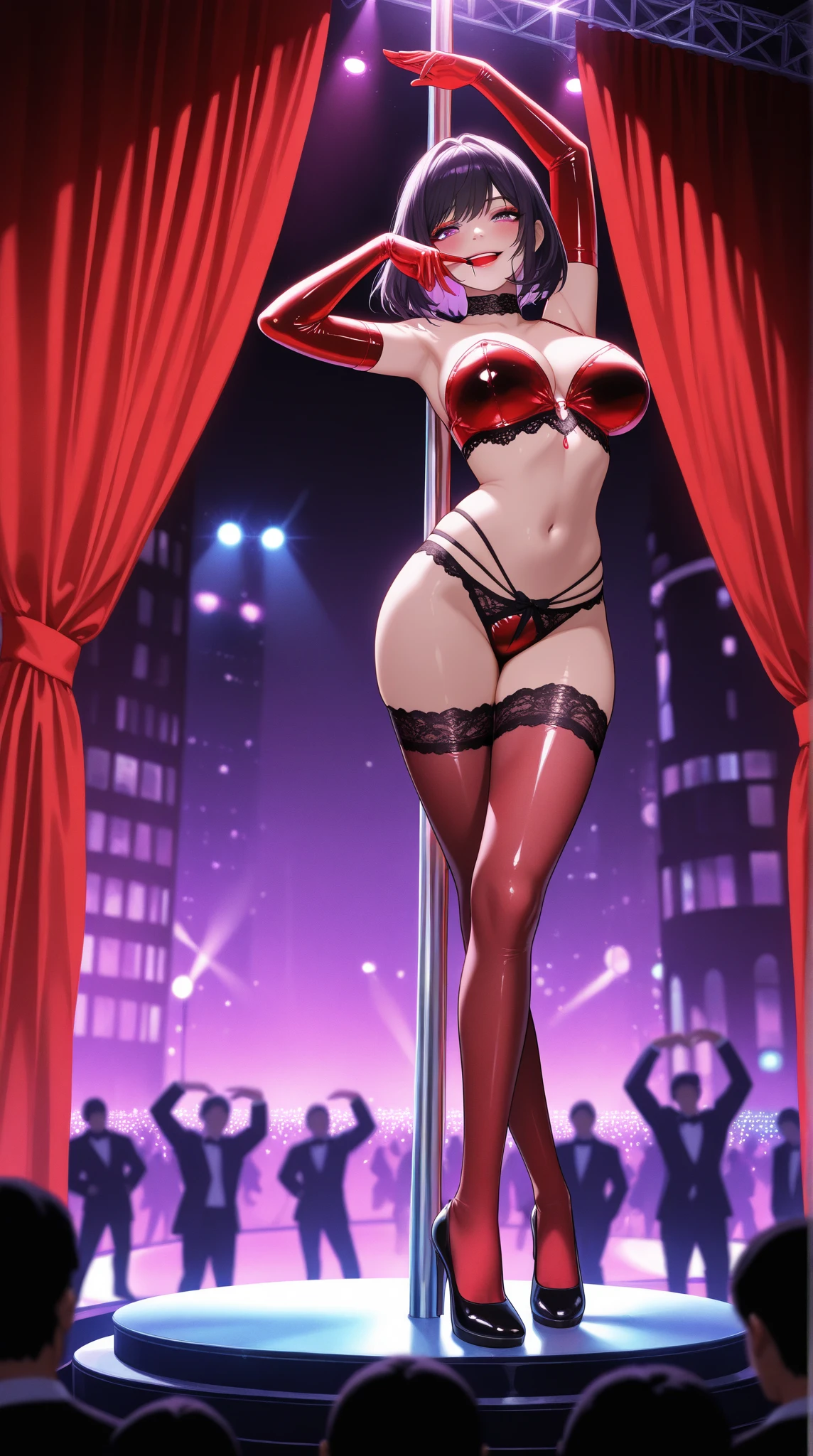 uploaded on e621, by Pixelsketcher, by Bayard Wu, by Thomas Benjamin Kennington, by Einshelm, solo anthro, ((Portrait)), BREAK, ((stripper uniform)), (LatexModel Underwear, halloween outfit, spooky lingerie), ((mouth open)), (detailed Bonifasko lighting), Nature Goddess, (Detailed fur), (detailed skin), (hands on the pilone), ((facing viewer with legs spread)), (Cinematic lighting), ((Detailed background)), (half body shadow), [Backlighting], [crepuscular ray], [Detailed ambient light], [gray natural lighting], [ambient light on the belly], (higher wildlife feral detail), strip club, pole dancing, [explict content], [sharp-focus], (Questionable content), (shaded), ((Masterpiece), Long asymmetrical wavy hair, purple hair with colored stripes, Average Breasts, pectoral muscles, Fluffy fallow deer, Wavethesallow Face, furry fantasy art, anthro art, commission for high res, Furry art, pov furry art, Sakimichan is beautiful, Masterpiece,  small breasts, Best Quality, Detailed image, Bright colors, Detailed Face, perfect lighting, Perfect shadows, Perfect eyes, focus on girl, flawless face, small breasts, gorgeous body, Hourglass body, shiny body, feet focus, Girl Lan, Fluffy, fluffy woman, Body fur, Animal nose, muzzle, two-toned fur, gaze at the viewer, half closed eyes, 1girl, full body, (Masterpiece:1.2), (Best Quality:1.2), (illustartion:1.2), (Cinematic lighting:1.3), Detailed fur, Balanced coloring, Global Illumination, Ray Tracing, good lighting, Fallow deer, (short deer tail), Furry, anthro, big butt, showing hips, cleavage, attractive body, sexy body, looking a viewer, seductive gaze, thick-thighs, fit body, Best Stockings, (silver hooves), Suggested Pose, Seductive Leg Pose, dancing, pole dance, sexy jump