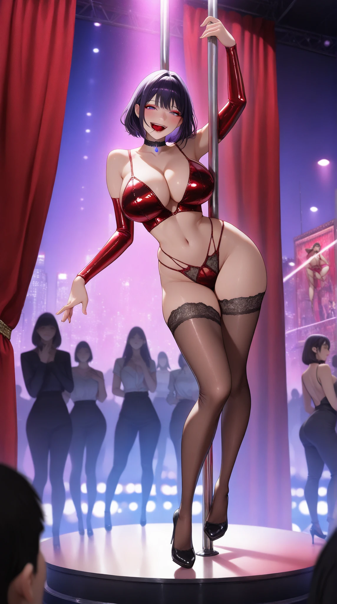 ((top-quality))Face Real、(1 shiny skin.4)Super close-up looking up from below(((Smile and look sexy)))((masterpiece)、(1 shiny skin.1.4)Buttock emphasis、((White top hat))Steampunk City、Big buttocks、(48-year-old girl)'Buttocks in the face、((Bondage Fashion))、Blonde Bob Hair、Sexy Posing、((The lower body is a golden bikini、Please wear a red garter belt))、Breasts enlarged、Neon lights of the city at sunset、(Various poses)