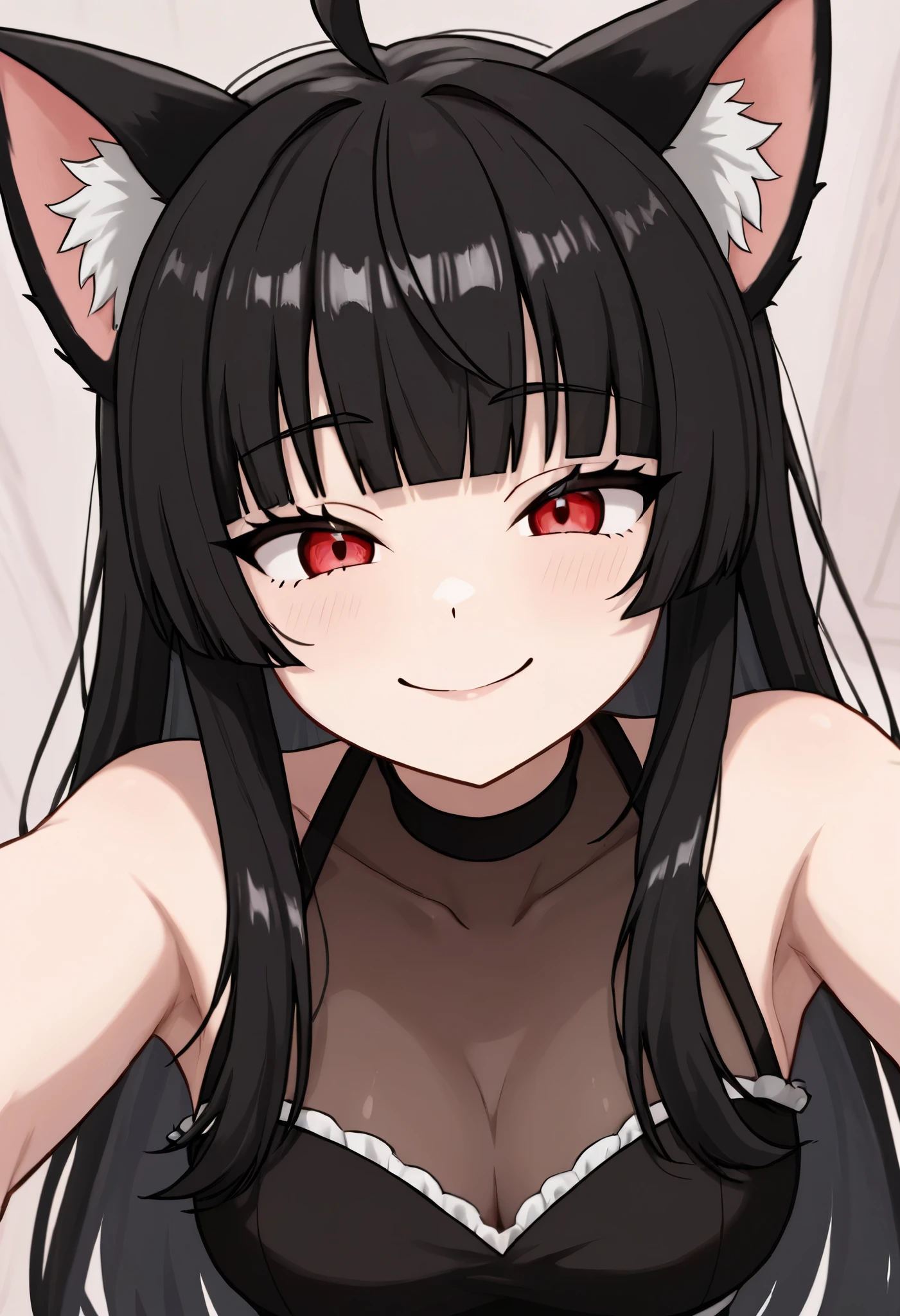 1 girl , Empanadas, smile, Big breasts, mesugaki , axila, long hair , black hair, Ahoge, straight bangs 。 cat ears 。 red eyes 。