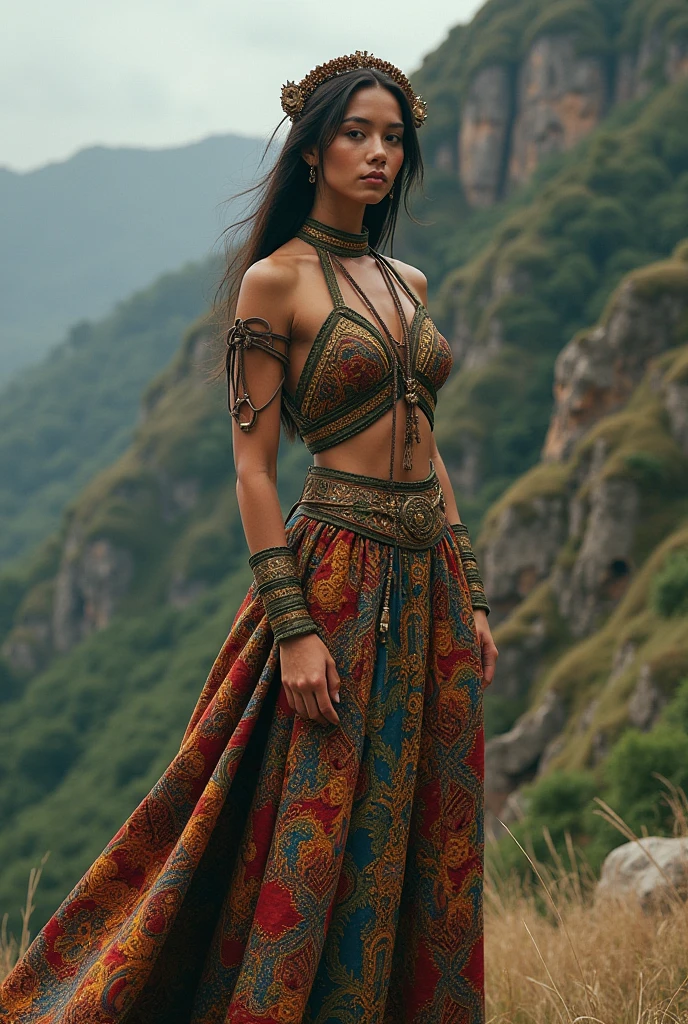 ((Realistic, cinematic, epic, Masterpiece: 1.3)), (raw photo:1.2), Hyperrealist portrait gorgeous Beautiful Chinese tribal female warriors, 30 years old, beautiful serious face, wrinkled face, beautiful detailed charming eyes, (pretty breasts: 1.1), ((sexy dark green native warrior chainmail corset lingerie armor: 1.2), (native brocade fabric armor), (sexy dark green brocade warrior minidress)), tribal loin cloth, tribal jewelry, tribal warrior headband, tribal village background, legendary warrior style, hand holding a dagger, full body, professional photography, font view, very detailed faces, (merlot red lips, tribal makeup: 1.2), Best quality, 8K, ancient style