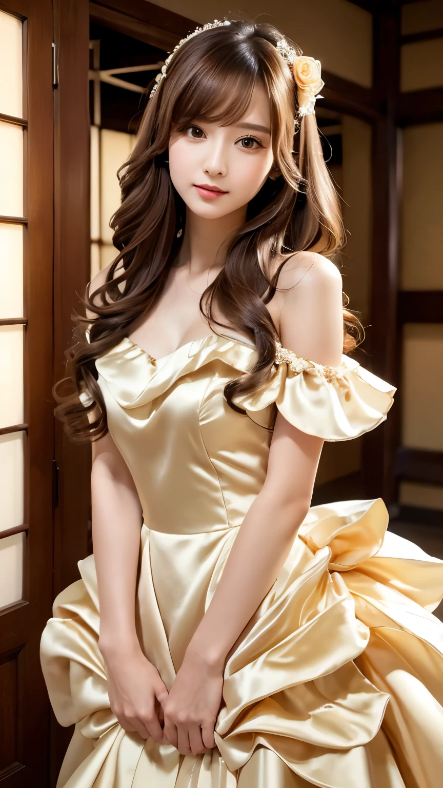 Araffe asian woman in a gold dress posing for a picture - SeaArt AI