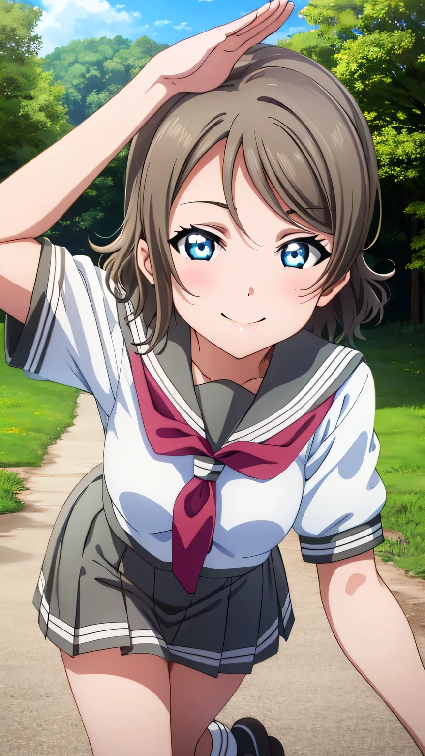 {{{masterpiece}}}, (best quality:1.5), (ultra-detailed:1.5), {illustration}, {{an extremely delicate and beautiful}}, (beautiful detailed eyes:1.6), absurdres, highres, extremely detailed face, 16k, hd, visual anime de uma jovem mulher, extremamente bonito rosto de anime, anime melhor garota, (perfect hands, perfect anatomy), anime face, watanabe you(love live! school idol project), you watanabe(love live! sunshine!!), 1girl, solo, cute face, light brown hair, medium hair, wavy hair, swept bangs, sidelocks, blue eyes, (High resolution eyes, Beautiful eyes, Light in the eyes), slender, medium breasts, big hips, curvaceous, BREAK, {School uniform}, {{{Uranohoshi Girls' High School uniform}}}, {white serafuku}, summer uniform, white shirt, short sleeves, gray collar, (red neckerchief:1.2), mini skirt, pleated skirt, {gray skirt}, black socks, BREAK, sorriso alegre, Salute, visual anime de uma jovem mulher, extremamente bonito rosto de anime, anime melhor garota, outdoor, sky, daytime, forest, field
