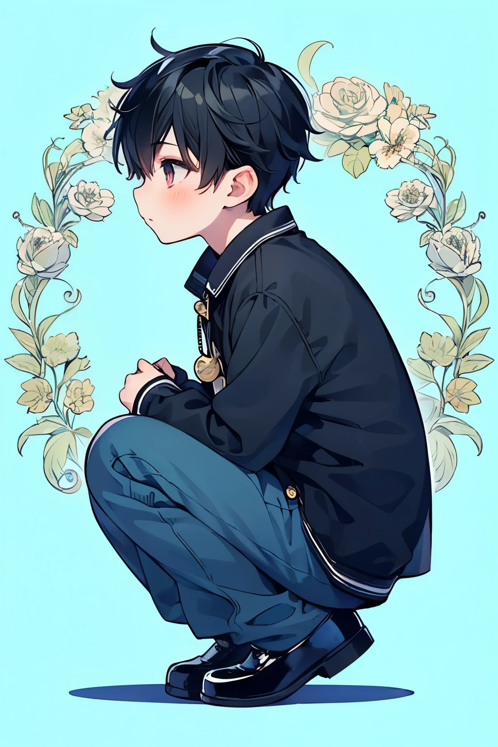((1-boy :1.5)),(( adult male:1.0)),black hair,(very short hair:1.0),braid hair,(odd-eyes:0.85),((Kirakira eyes :1.0)),((Amazing:1.0)),(side view:1.2),((kawaii)),(confront the slime:1.0),((dodge pattern background:0.85)),full body,