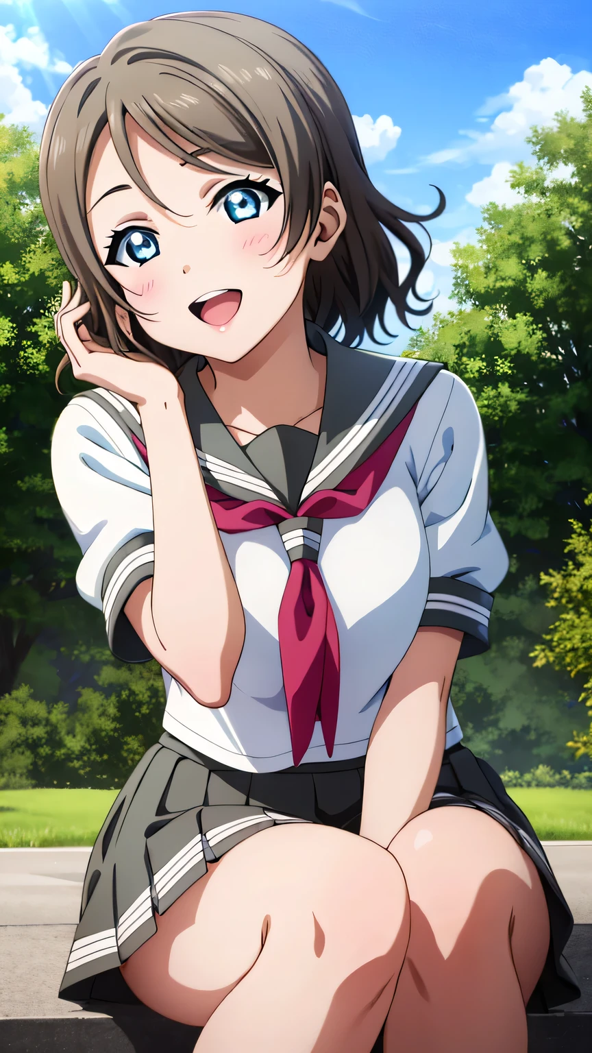{{{masterpiece}}}, (best quality:1.5), (ultra-detailed:1.5), {illustration}, {{an extremely delicate and beautiful}}, (beautiful detailed eyes:1.6), absurdres, highres, extremely detailed face, 16k, hd, visual anime de uma jovem mulher, extremamente bonito rosto de anime, anime melhor garota, (perfect hands, perfect anatomy), anime face, watanabe you(love live! school idol project), you watanabe(love live! sunshine!!), 1girl, solo, cute face, light brown hair, medium hair, wavy hair, swept bangs, sidelocks, blue eyes, (High resolution eyes, Beautiful eyes, Light in the eyes), slender, medium breasts, big hips, curvaceous, BREAK, {School uniform}, {{{Uranohoshi Girls' High School uniform}}}, {white serafuku}, summer uniform, white shirt, short sleeves, gray collar, (red neckerchief:1.2), mini skirt, pleated skirt, {gray skirt}, black socks, BREAK, sorriso alegre, open mouth, Salute, visual anime de uma jovem mulher, extremamente bonito rosto de anime, anime melhor garota, outdoor, sky, daytime, forest, field
