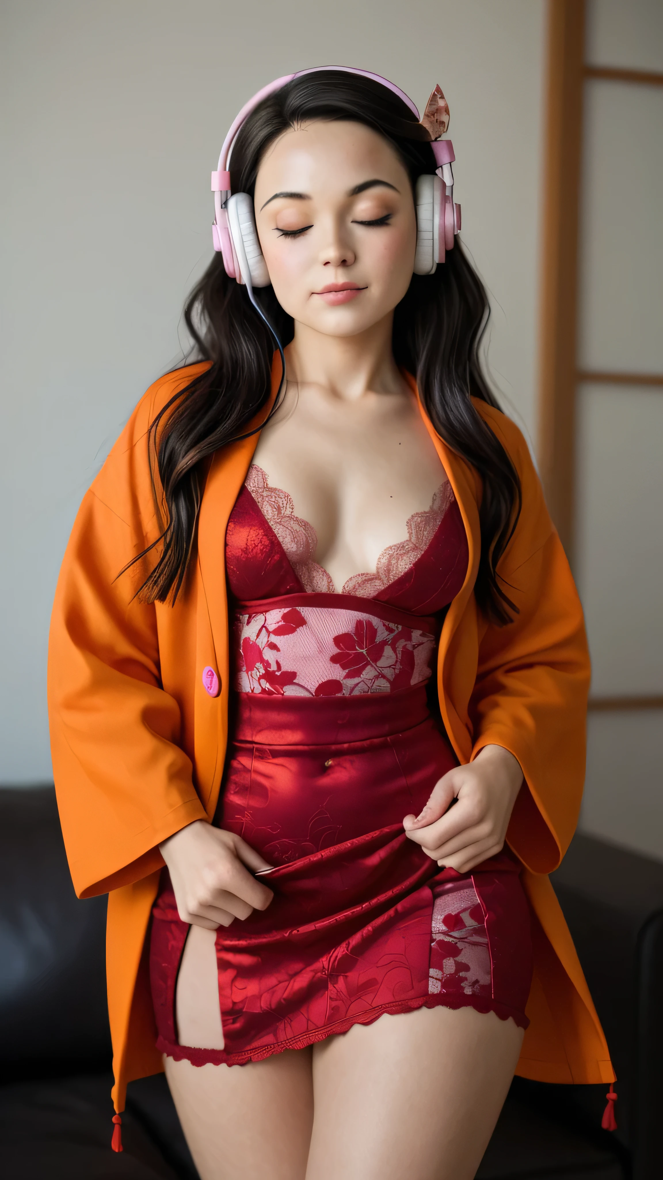 Sabrina Carpenter, wearing a kimono with a glass of wine on the sofa, cleavage