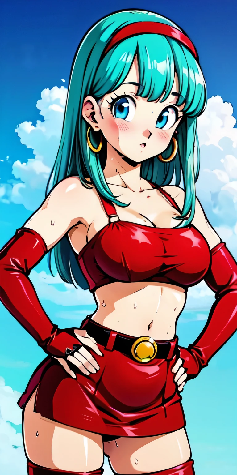 1 Female,High definition,high resolution,Ultra-realistic,8K,bulla, 1girl, solo, long hair, straight hair, blunt bangs, aqua hair, blue eyes, eyelashes,
red hairband, elbow gloves, red gloves, fingerless gloves, red crop top, midriff, bare shoulders, belt, hoop earrings, bridal gauntlets, red skirt, thigh boots, red footwear, (black thong),European,sexy,Upper body close-up,Photographed from the front,Dynamic Angles,blush, (big tits),cute face, facial, sweat, perfect face, perfect body,(wide thighs:1.3),cute face,cameltoe,(pu(hands on hips)