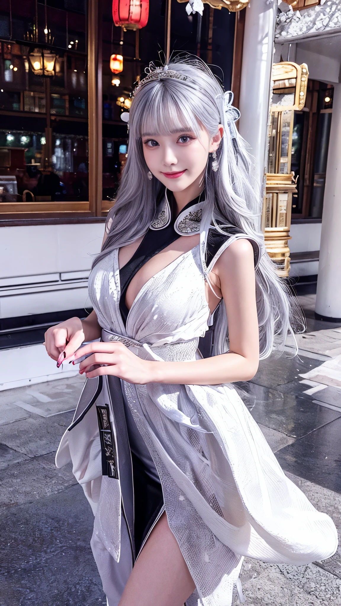 pretty woman, silver white hair , pretty eyes , Smile, Actual , Full HD, very beautiful dress , Fluffy Dress , Curved Body,Magnificent views , gorgeous decoration ,Long gown,中国发髻,Kim Day
