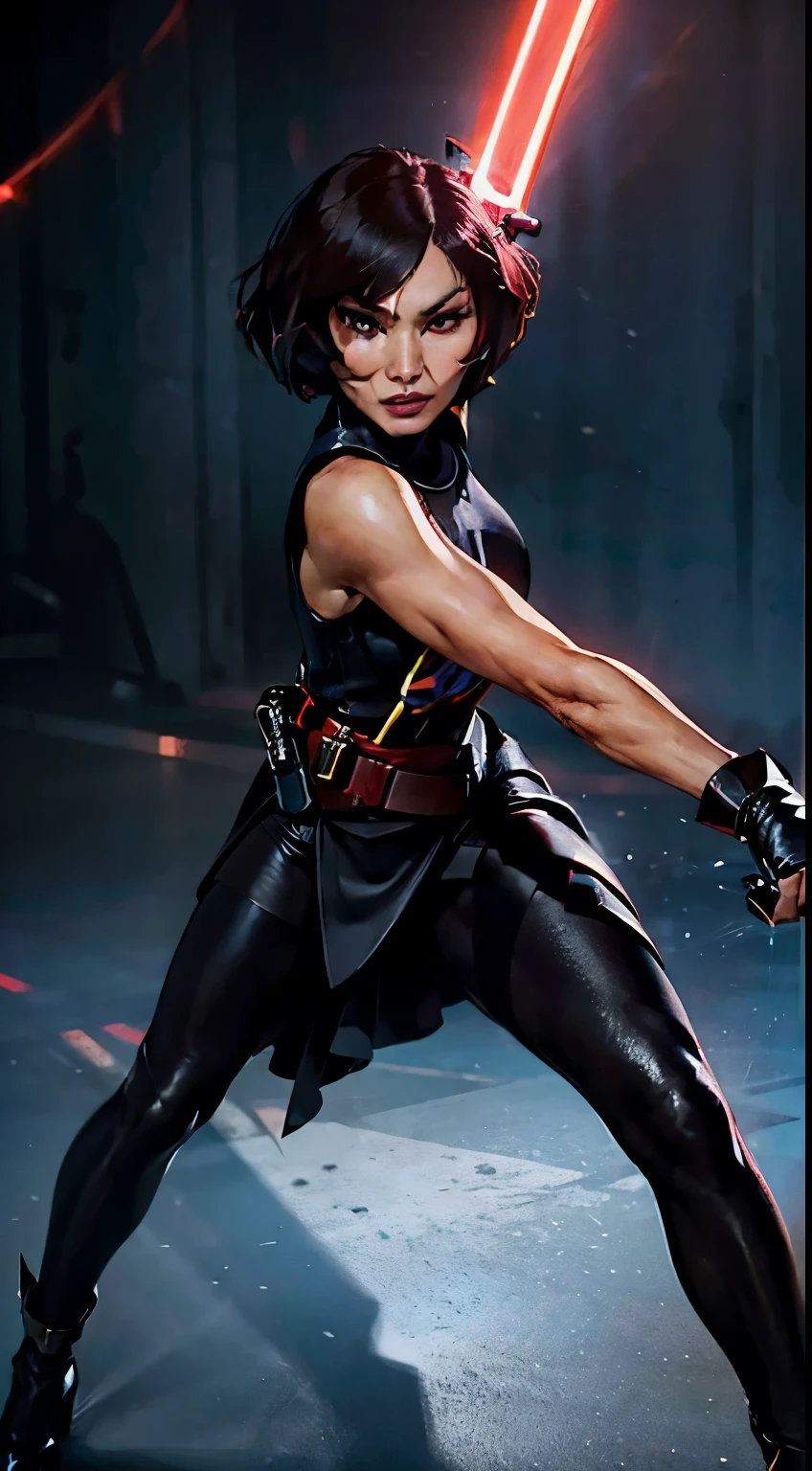 Gemma Chan as a Sith, revealing sith outfit, high heels, gloves, ((wields red lightsaber)), belt, ((short hair)), glowing lights, full body, (dynamic pose), (hyper realistic:1.4), (realistic:1.3), (best quality real texture skin), full body, (Cinematic Light), highly detailed skin, skin pores, (highly detailed face:1.1), (highly detailed eyes:1.1), realistic pupils, (perfect anatomy:1.1), (perfect proportions:1.1), (photography:1.1), (photorealistic:1.1), volumetric lighting, dynamic lighting, real shadows, (highres:1.1), sharp focus, daylight, (realistic, hyperrealistic:1.4), intricate, high detail, dramatic, subsurface scattering, big depth of field, vivid, polished, sharpened, ((full Sharp)), (extremely absurdres), 8k, hdr