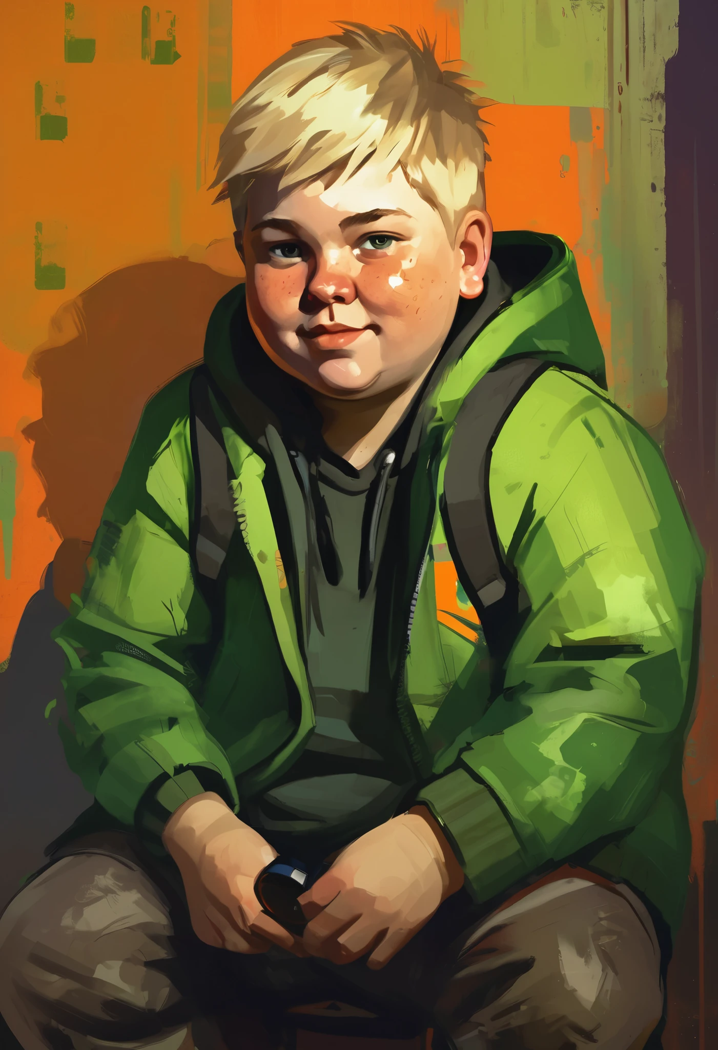 Disco Elysium style portrait, close up, young boy, fat, boy, russian boy, fat, shabby hoodie with 'ROBLOX' logo, worn sports pants, old worn sock, naive expression, short light blond hair, round face, wide green eyes, crooked smile, glowing smartphone, playful and silly, cheerful, high quality, russian house atmosphere, vibrant brushstrokes, yellow tones, orange tones, toxic green, abstract background, like innocence, energetic and curious, Disco Elysium artstyle
