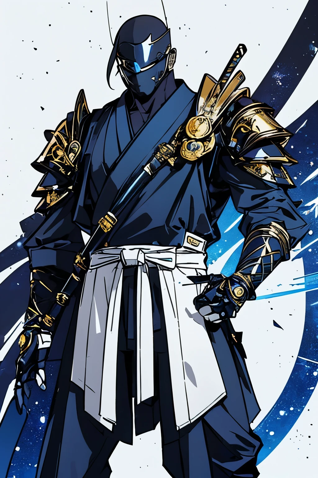 appearance:
Body: More stylish and elegant than Shinobi-Unit Mk-7 , Kusanagi-ex has a minimalist design , with shiny white metal plates that reflect light , , details in gold and cobalt blue that highlight its precision and modernity. . His body is designed for stealth and speed , } with lighter but equally resistant limbs .
head: His face is a helmet with no visible features , completely smooth , katana, except for a thin horizontal line of blue light that acts as a visor . When he enters hunting mode , this line is divided into multiple segments , looking like a tactical visor .
armor: Their torso looks like a modernized samurai kimono , with plates that simulate a hakama ( traditional pants ), but made of resistant and flexible polymers .
Weapons: He wears two double swords , called Kiba (fang) y Yaiba (Filo), , which are improved versions of the Shinobi-Unit Mk-7 . Besides, has a projectile launcher integrated into its left arm and an energy capture network designed to neutralize its prey.