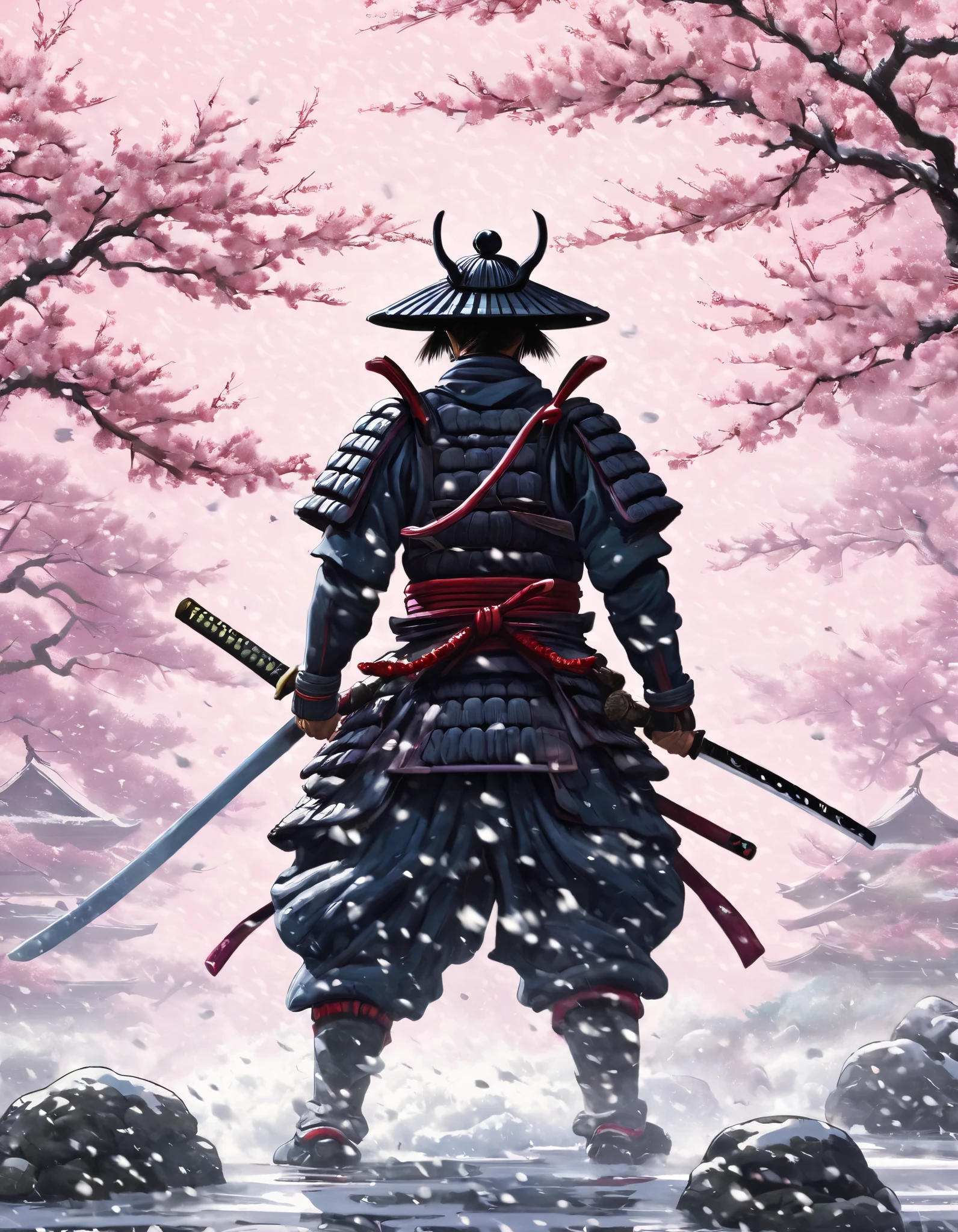 Picture of a samurai with a sword in the background of a cherry blossom blizzard , Fine art painting inspired by Kano Seisen-in Temple, pixiv Contest Winners, ukiyo-e, Samurai Warrior , Feudal Japanese Art , Samurai vinyl wrap , Epic Samurai Warrior, samurai style , Japanese Warrior, Japanese Samurai, ancient Japanese Samurai,