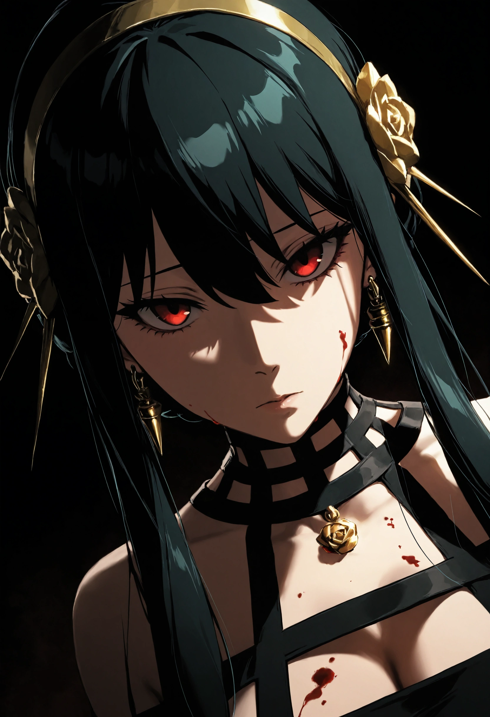 1girl, solo, yor briar, dutch angle, close up, black hair, golden headband, red eyes, looking at viewer, blood stains, intricate choker, cold stare, dark background, dark theme, wallpaper, masterpiece, high quality, highly detailed