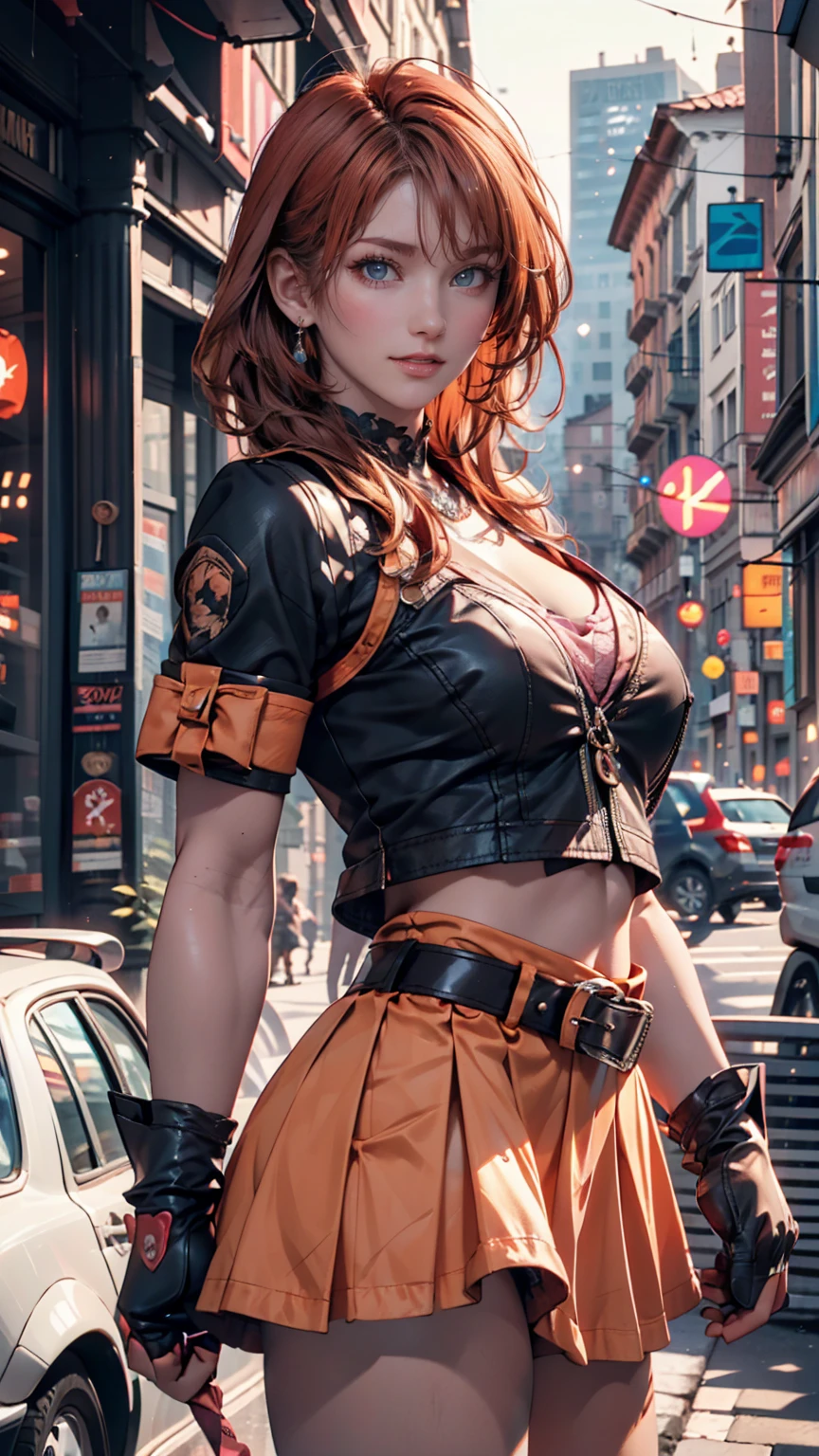 Adscent, best quality, ultra detailed, redhead, yellow eyes, makima, man electric saw, anime, black tie, hair with braids, transparent blouse, full body vision.
