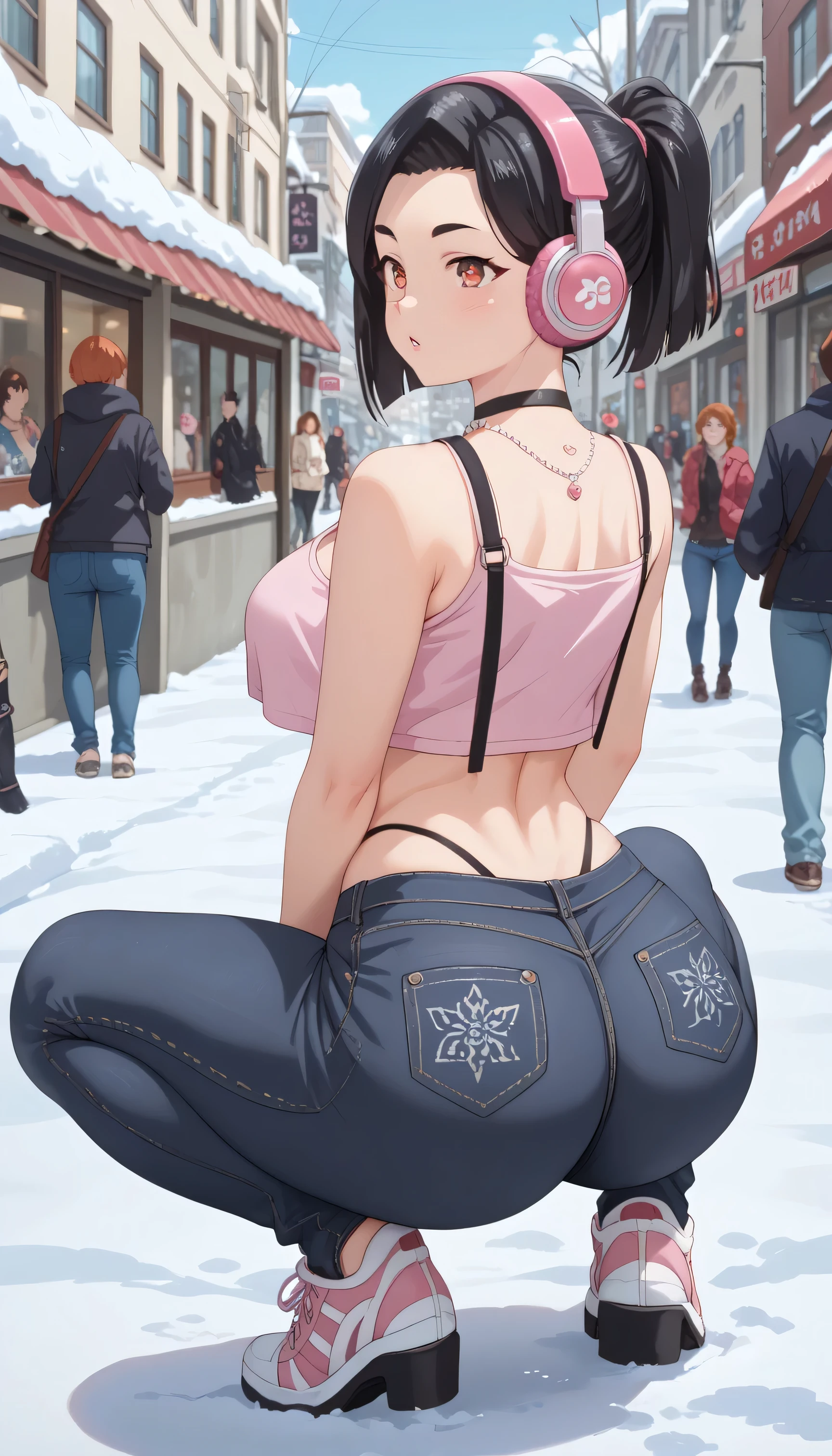 score_9, score_8_up, score_8, score_9, 1girl, source_anime, sanae yamada, short hair, black hair, brown eyes, necklace, black choker, street, public, snow, ponytail, crop top, black thong, detailed eyes, beautiful eyes, pink eyes, perfect ass, huge ass, round ass, thick thighs, pink headphones, squat, open legs, view from behind