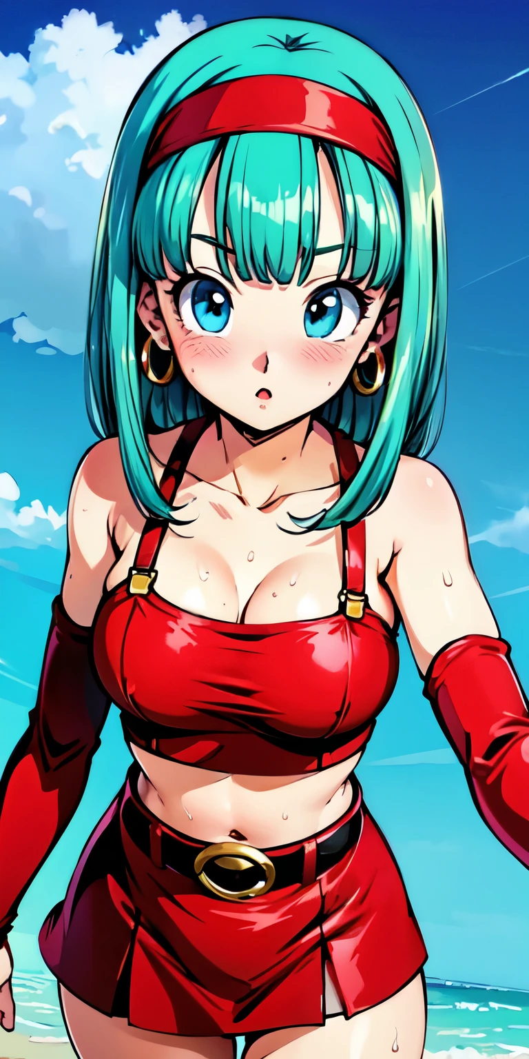1 Female,High definition,high resolution,Ultra-realistic,8K,bulla, 1girl, solo, long hair, straight hair,  blunt bangs,  aqua hair, blue eyes, eyelashes,
red hairband, elbow gloves, red gloves, fingerless gloves, red crop top, midriff, bare shoulders, belt,  hoop earrings,  bridal gauntlets, red skirt, thigh boots, red footwear, (black thong),European,sexy,Upper body close-up,Photographed from the front,Dynamic Angles,blush, (big tits),cute face, facial, sweat, perfect face,  perfect body,(wide thighs:1.3),cute face,cameltoe,(waving)