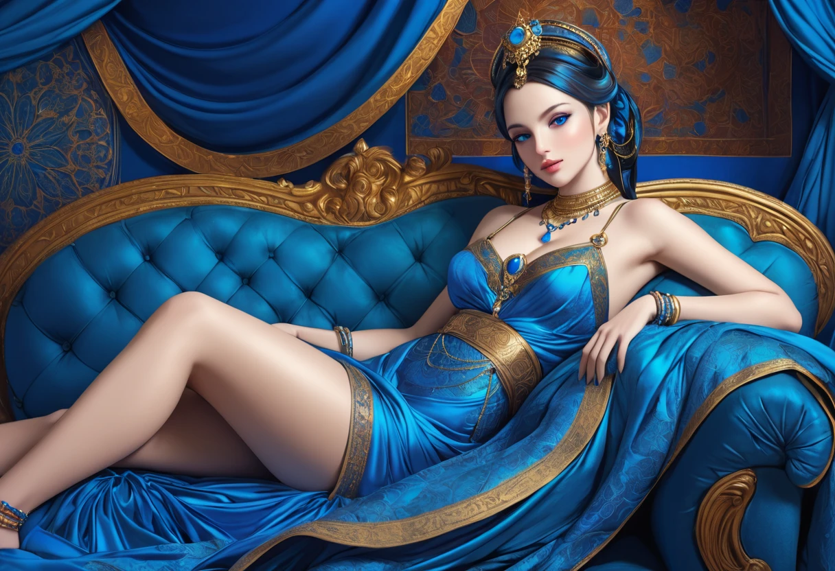 the girl in the jewelled tiara, full body portrait, vivid azurite blue eyes, glossy blue swimsuit, pin up style, holding a conch shell with perfect hands; demure, alluring, vivacious; photorealistic, hyperdetailed, maximalist, otherworldly, fantasycore, scifi