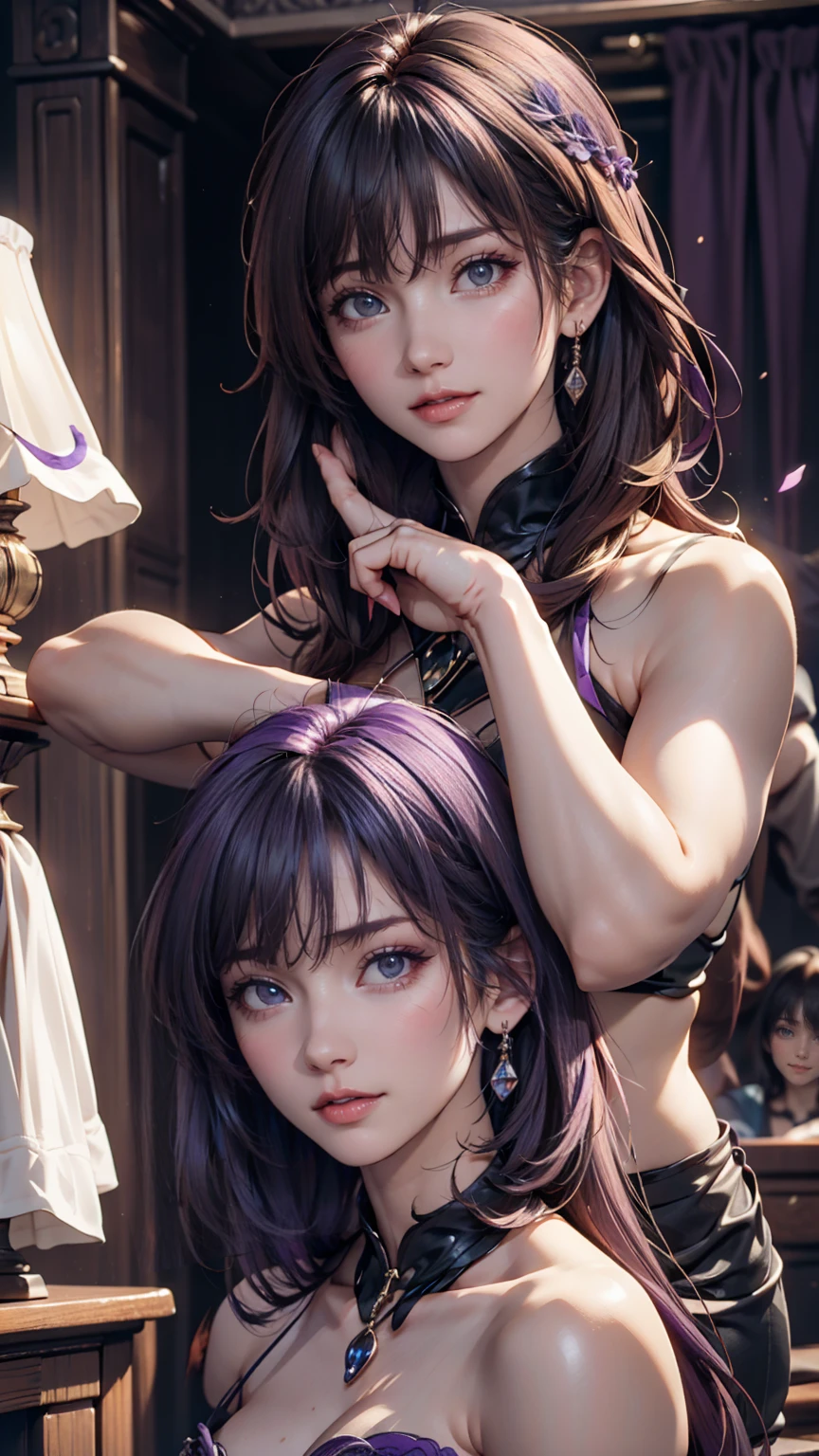 yuri, purple eyes, hair ornament, long hair, hair clip, purple hair, hair intake, sidelocks, bangs, hair between eyes, smiling, 1girl, standing, looking at viewer, best quality, solo, orange short dress, silver necklace, yellow earrings, summer hat, render, fixed hands, Yuri, (Lora: more details 1.5),