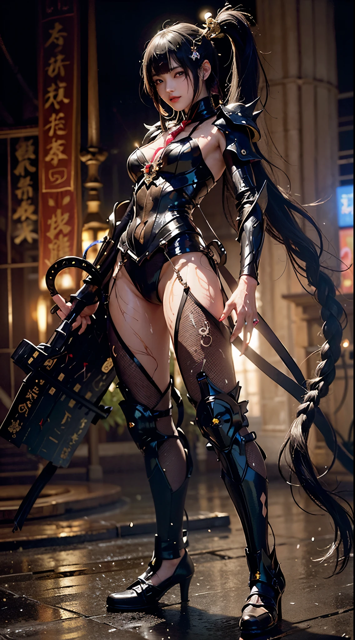 photorealistic, high resolution, 1women, mature female, solo, hips up, robot, anatomically perfect woman,carbon fiber,tactical, black metal, wiring,glowing eyes,artificial muscle,exposed machinery, full robot body, Kicking the neck, wearing a full swimsuit, shorts, high chest kick, Action, side kick, Background only the sky
