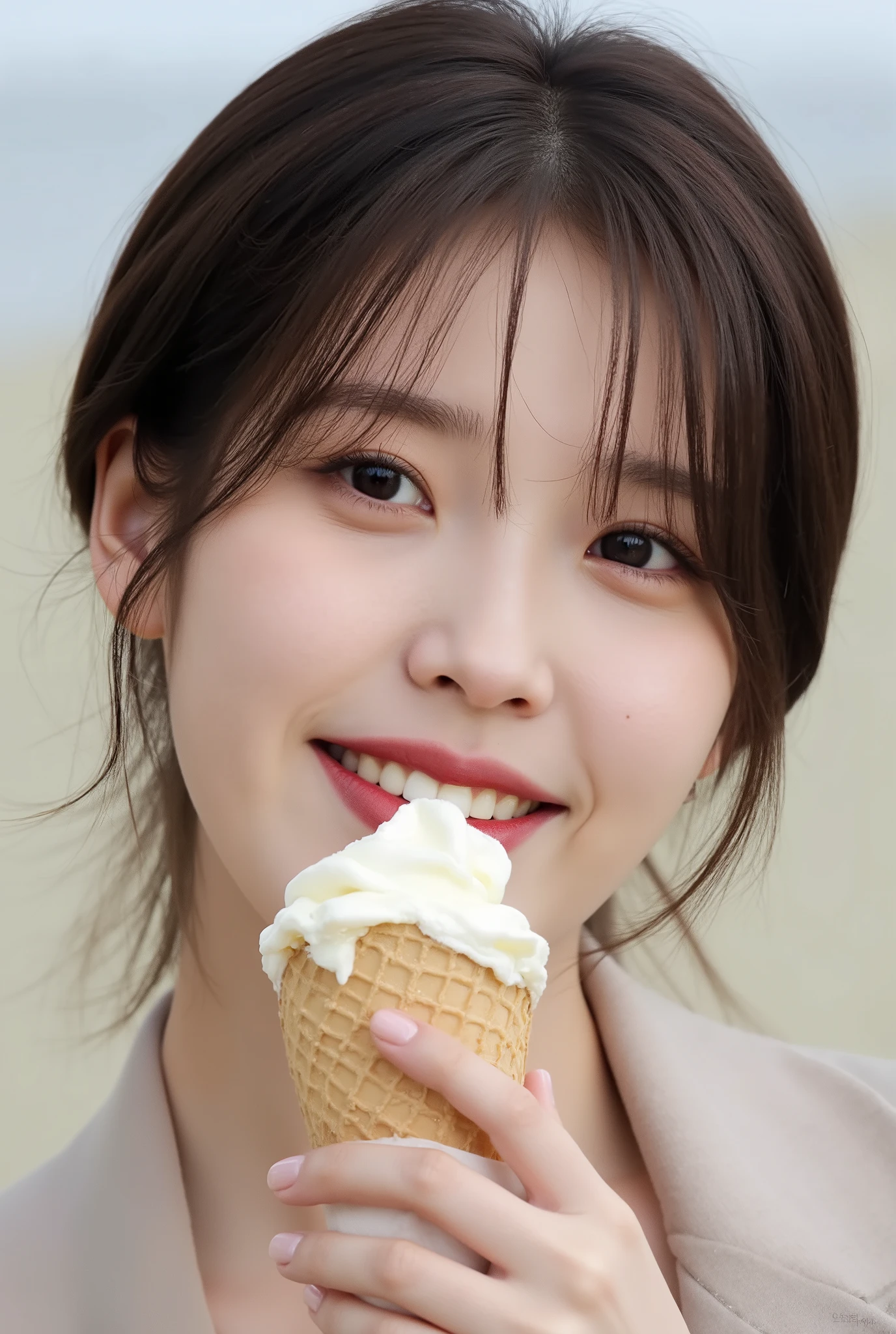 IU is happily eating ice cream. The ice cream is melting.