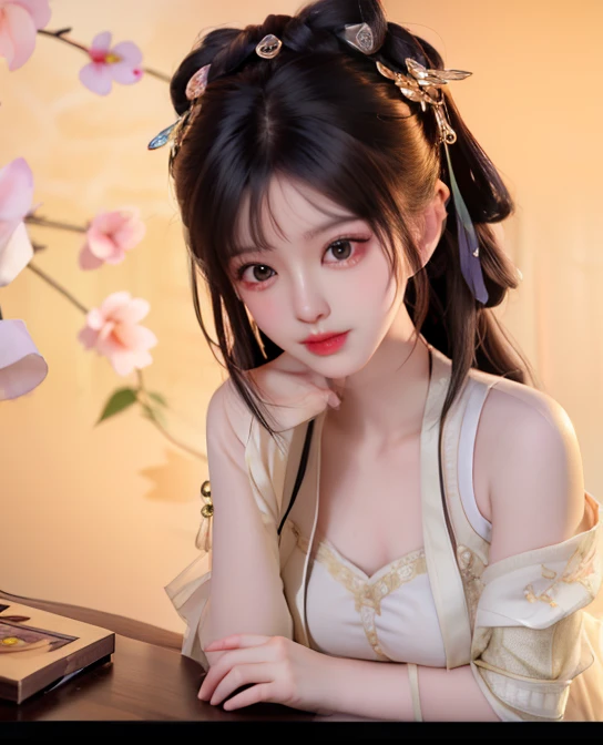 A gentle and beautiful Chinese woman, delicate and sexy collarbone, charming oval face, double eyelids, smart peach eyes, pink lips, small nose, bare shoulders, focused face, face close-up, ultra-high-definition, super-detailed, Full body photo, ultra-thin light transmission
