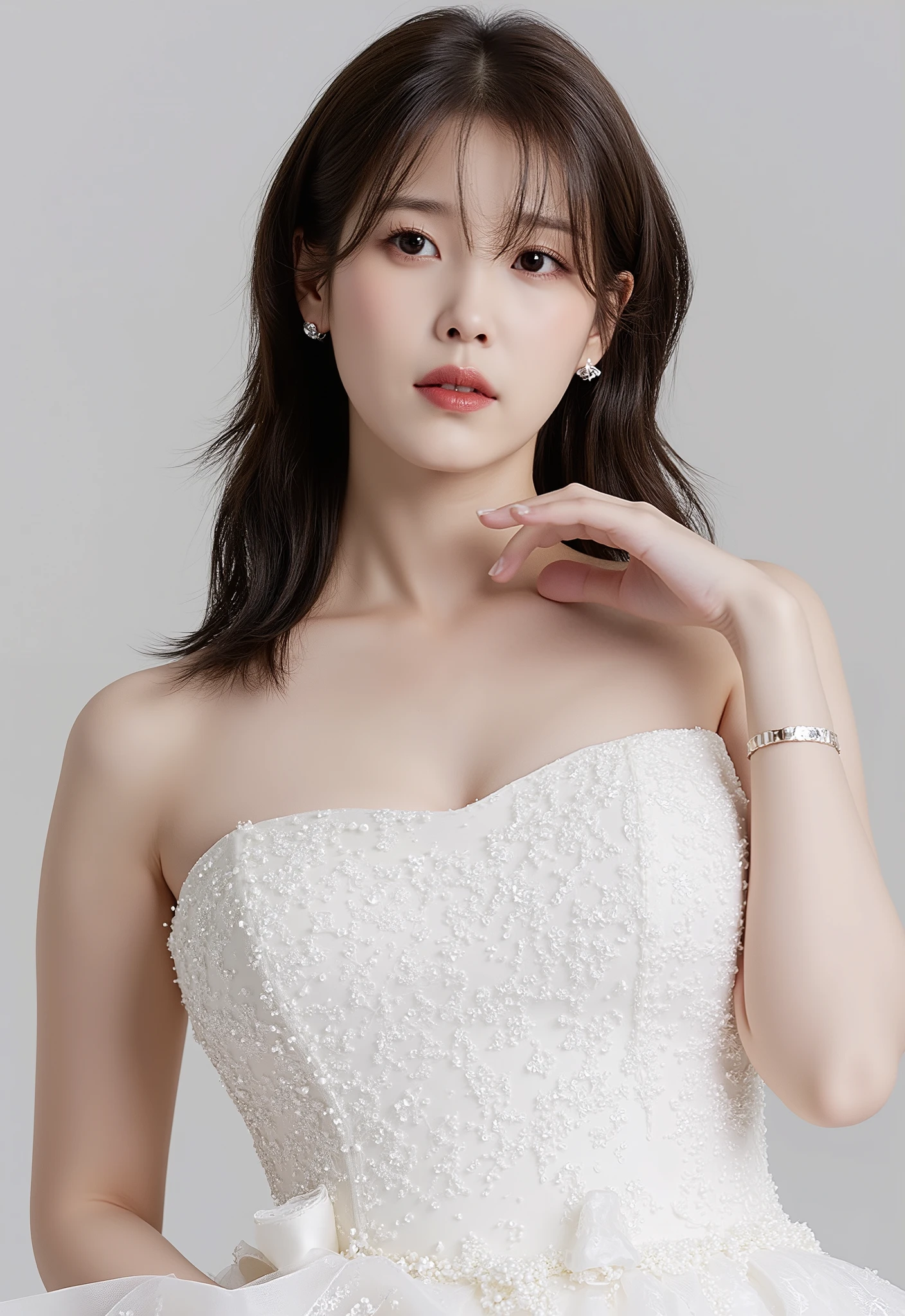 IU in a wedding dress with long hair, extremely detailed eyes and face, long eyelashes, big saggy breasts, looking seductively at the viewer, in a sexy pose, ultra-detailed, (photorealistic:1.5), (best quality,4k,8k,highres,masterpiece:1.2),ultra-detailed,(realistic,photorealistic,photo-realistic:1.37),raw photo