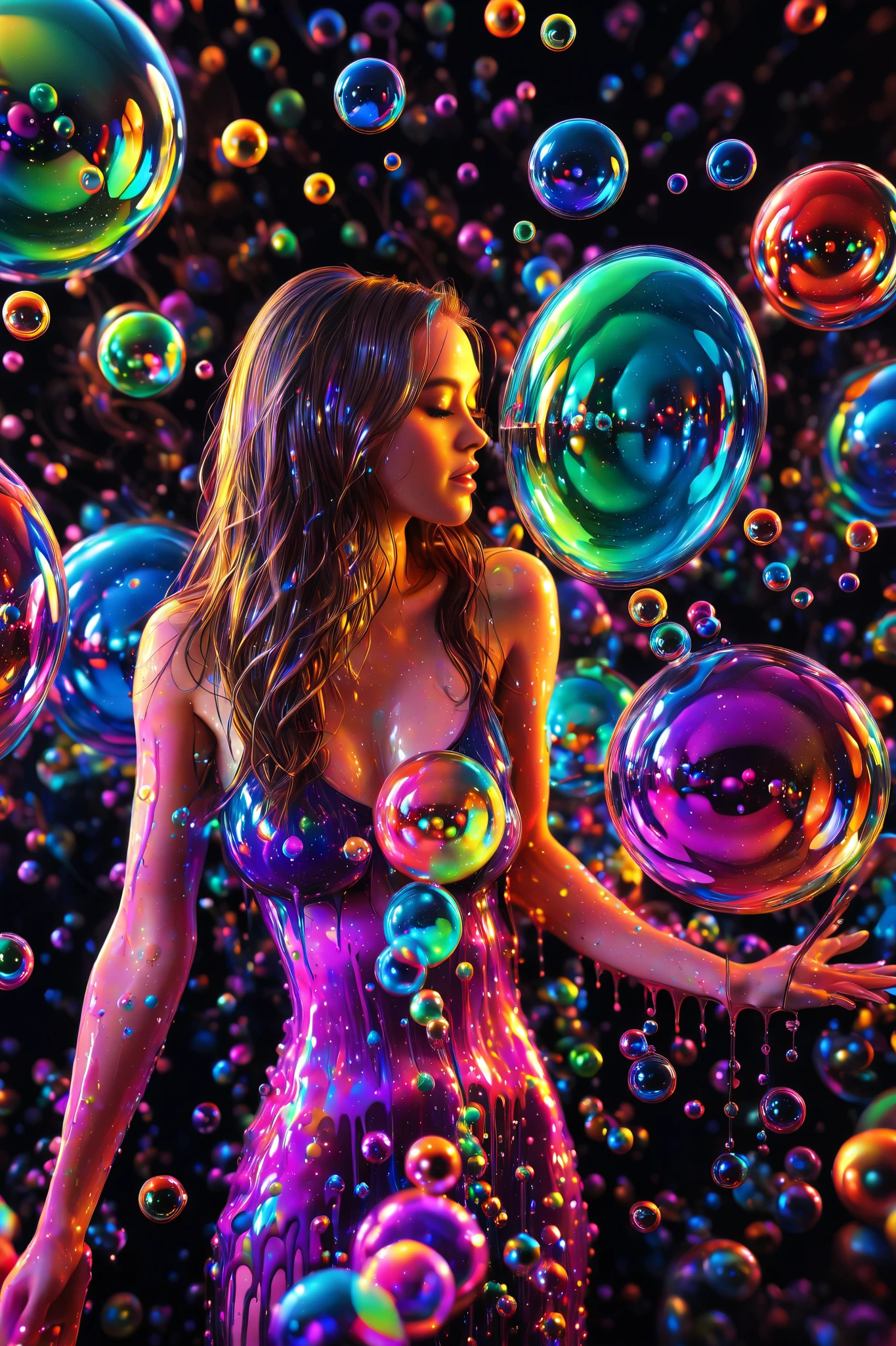 Extreme glow and shine reflect off glass orbs glass bubbles, in a room full of mirrors spheres full of fizzing neon colored liquid spill into reflective bubbles,and the mirrors reflect all the objects. Incorporate perfect symmetry and rotational symmetry. A psychedelic dream, vibrant colors shimmering, glass morphing from colors, intricate rainbow patterns twist in and out of objects while dripping into each other, perfectly formed symmetrical spheres and glowing reflective bubbles, extreme attention to detail on the bubbles and spheres, rainbows of color twist out of translucent orbs, spilled paint and spirals of swirling color in the background, beautiful psychedelic digital art, pixel art, neon colors, 4d mandelbulb psychedelics, glass-like psychedelic landscape, intricate rainbow environment, psychedelic underwater brightness, trails of color and light, bright fluorescent colors, psychedelic vibrant colors, bright psychedelic neon colors, colorful paint drips out of the bubbles, 3D glass spheres melting into each other spilling out colors, visually disorienting, hallucination inducing, optical illusions, startling, stunning images, awe-inspiringly, best quality wallpaper, pixel assets, portrait photography, surrealism, photorealistic, hyper detailed, glass morphism, digital art, sparkle, optical illusion, glowing light, reflection light, overexposure, god rays backlighting, depth of field, rotational symmetry, UHD, high details, high quality, super detailed, best quality, award winning, Masterpiece. Spheres reflecting light everywhere and it brings out images and optical illusions for the viewer's disorienting experience of looking at it. Super bright neon Colors.** incorporate bright neon green, neon blue, neon purple, neon yellow, &blood red**Extreme glow and shine reflect off