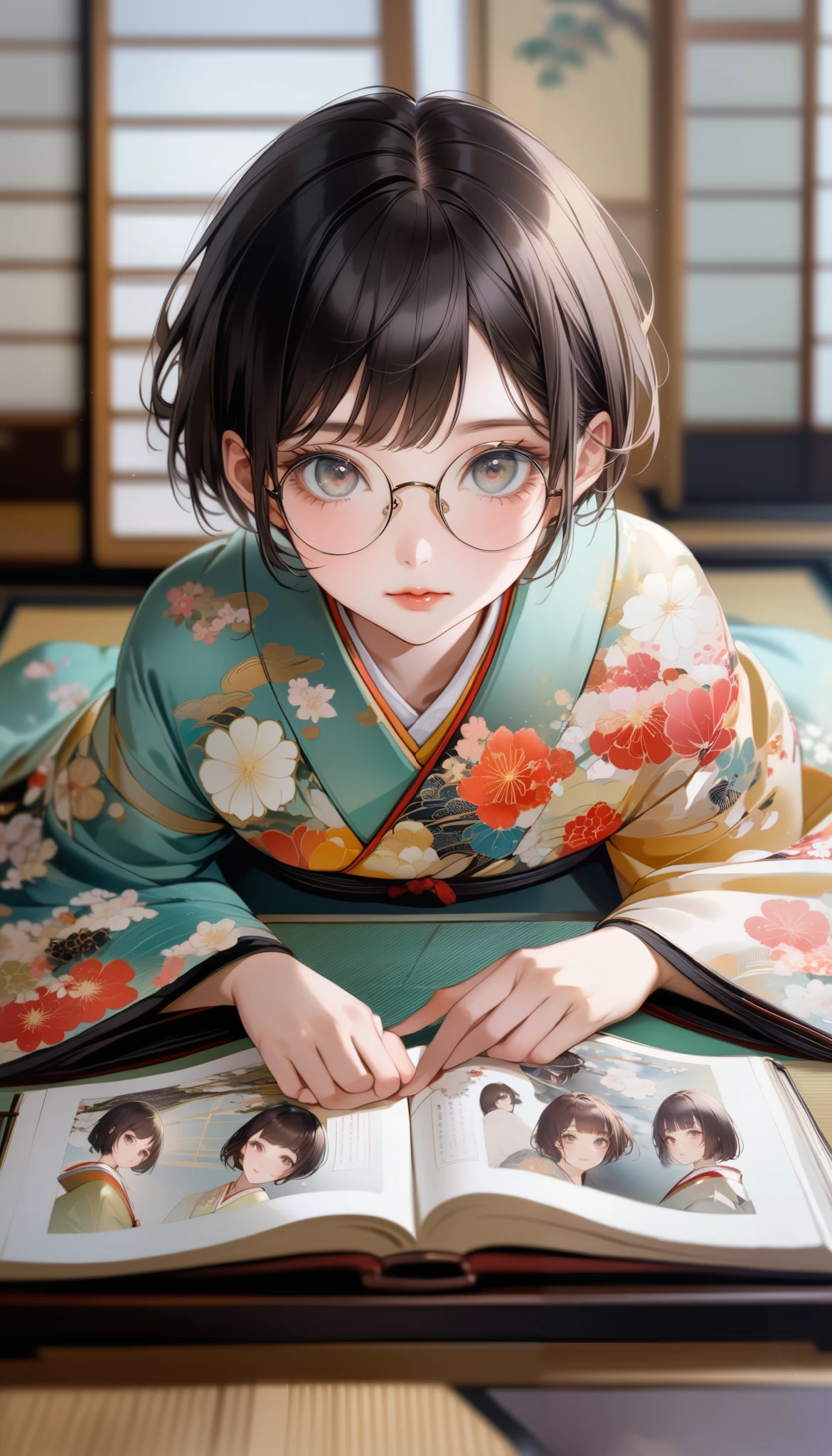 score_9, score_8_Excellent, score_7_Excellent, is present:1.2, Realistic face and eyes :1.3, is present skin:1.3, Japanese idol pictures , Lying On of Table , Perfect model figure., is fascinating, tomboy girl, ( very short hair, pixie cut , black hair), circle-glasses, ((( is fascinating beauty))), big eyes, double eyelids, charming eyes, glossy lips, perfect female body, big breasted :1.8, Chest, round ass:1.4, Tight Thighs , Beautiful hands and feet, very nice, kimono, shoulder out, Chest, 少し開いた kimono, Provocative Poses, attention to detail, anatomically accurate, textured skin, High Quality 、Japanese Room