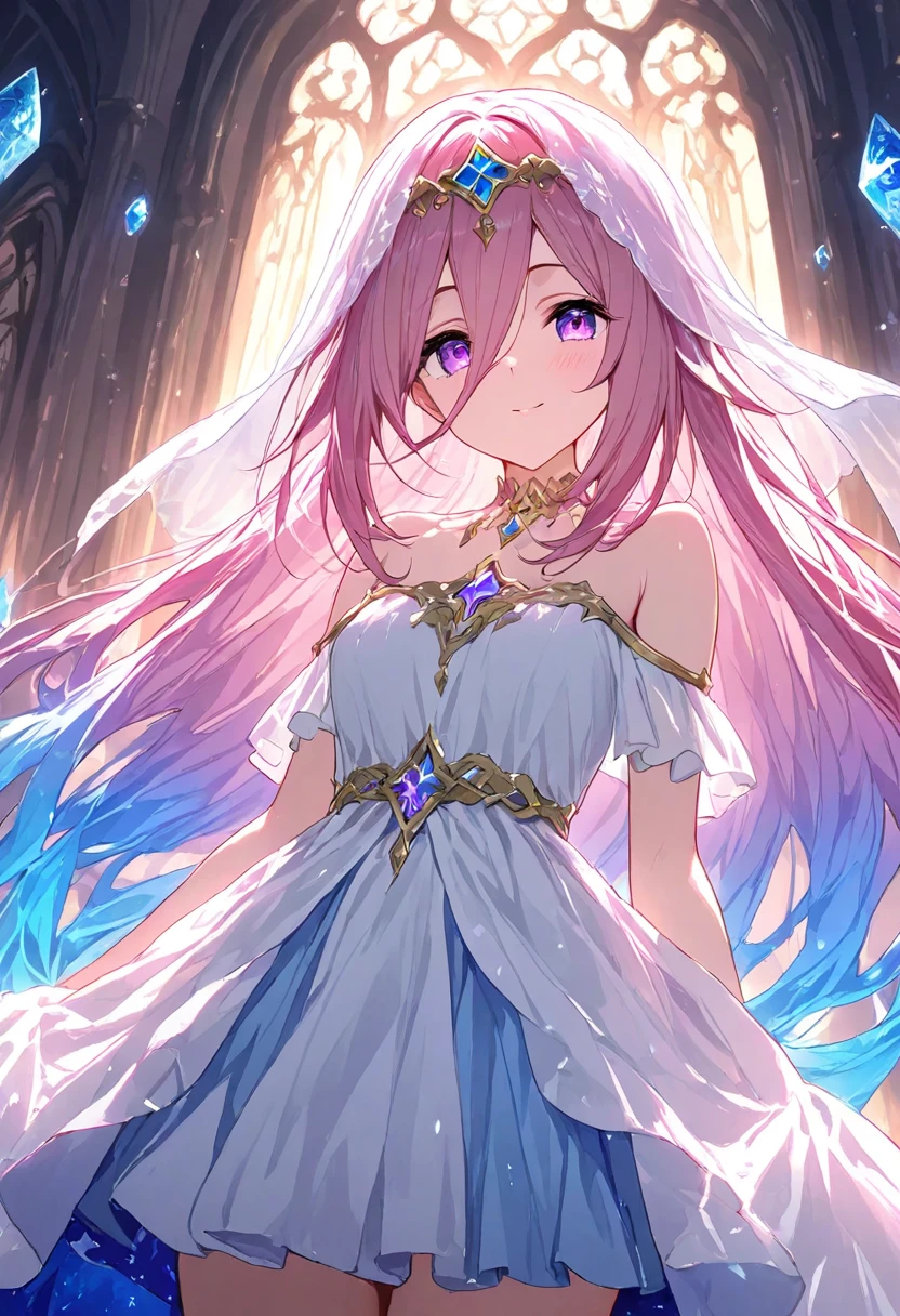 1 girl,slender,beautiful,log pink hair,elf ears,blue and pink eyes,wearing an elegant white dress,sakura back ground