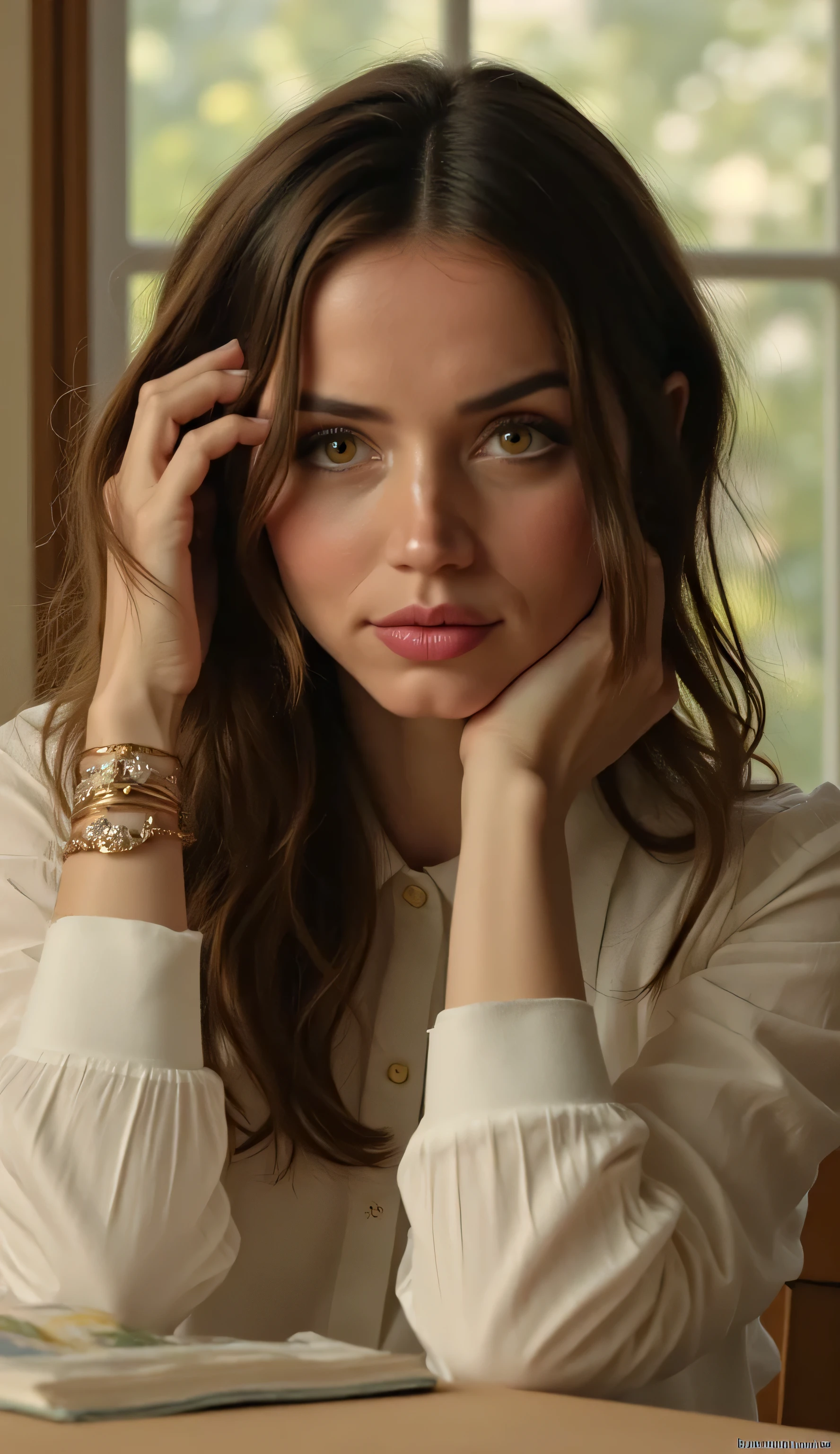 This is a photograph of a young woman with long, dark brown hair, styled in loose waves that cascade over her shoulders. She has fair skin and is wearing subtle makeup that enhances her natural features, including well-defined eyebrows, long lashes, and a soft pink lipstick. Her expression is thoughtful, with a slight, serene smile on her lips. She is dressed in a white, long-sleeved blouse that is slightly wrinkled, giving it a casual, lived-in look.
The background is softly blurred, focusing attention on the subject. It appears to be an indoor setting with natural light streaming in from a large window to the left, casting a warm, golden glow on the scene. The window has a grid-like pattern, and the sunlight creates a soft, diffused effect, highlighting the woman's face and hair. The overall ambiance of the image is calm and intimate, with a touch of warmth and softness. The photograph captures a moment of quiet reflection, with the subject's hand resting gently on her head, adding to the serene mood.