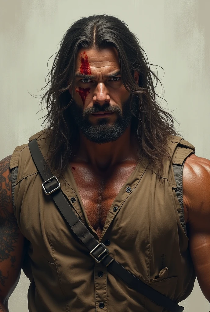 A man with scar at face start from left forehead cross through radix nose toward right cheek. On the left cheek the scar. start from under eye toward jawline. His hair colour is black , the hair long until his shoulder. He have black beard and mustache too. His thick black eyebrow . Make him naked