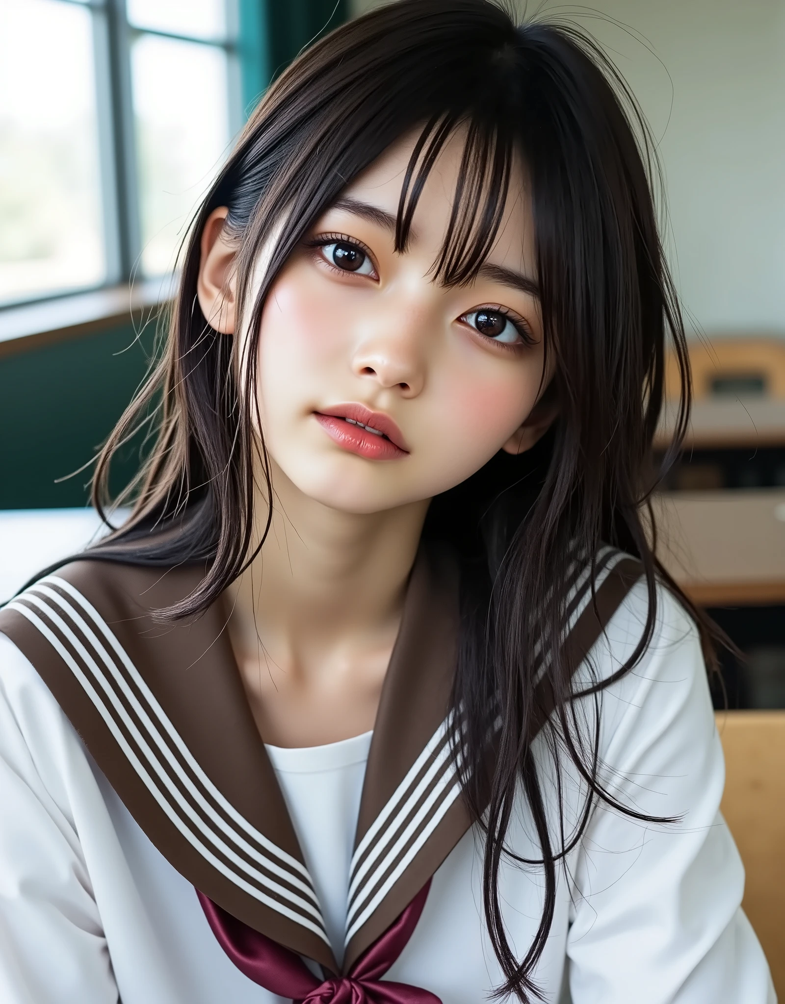(Canon), (EOS R5), (50mm), ((( photorealistic:1.5))), (No lens flare :1.5), ((超 high resolution)), (masterpiece), accurate,( is presentな質感の肌), more details, high detail, High Quality , Award-winning work , 最 High Quality , 32K, depth of field, digital camera, award-winning glamour photo , professional lighting, (SFW), ((最 High Quality :1.5)), ((masterpiece:1.5)), (( is present)), high resolution, is presentな影, Roughness, Real Life,( 1 Japanese woman so beautiful and cute), ( The cuteness of Japan's top idol ), ((Upper body shot seen obliquely from the front :1.5)), (( upper body shot from head to knee :1.5)), (( cute 18-year-old Japanese high school girl )), (((white short sleeve sailor suit:1.8))), (( high school classroom , desk, chair, blackboard, and window visible )), (((襟と胸当てが茶色で3本の白色ラインがある半袖の白色夏服セーラー服と brown flare skirt を着て椅子に座っている:1.8))), (( short sleeve white sailor suit with brown collar and breast :1.8)), (( no front buttons on a sailor suit :1.8)), (( sailor suit bib is brown and has 3 white lines :1.5)), (( brown flare skirt :1.5)), (( cream scarf for sailor suit :1.8)), ((Brown scarf closure :1.5)), (( no accessories:1.5)), (( No Earrings :1.5)), ((Without necklace:1.5)), ((Women's watch on her left arm )), (( a very cute high school girl who feels young )), Attractive cuteness , seductive pose holding hands, Height: 160cm, slim figure, Beautifully shaped bust, D Cup, ((少し歯が見える very cute smile:1.5)), (Alone:1.5), (There is only one person in the classroom), ( brown eyes:1.9), ( Detailed depiction of extremely realistic skin ), (Highly detailed, realistic eyes:1.9), (Very beautiful, long, realistic eyelashes), (Highly detailed, realistic eyebrows), (丸い brown eyes :1.8), ( beautiful catchlight on the eyes), (Realistic lips with moisture ), ( white realistic teeth arranged neatly), ( Beautiful and Detailed Face :1.6), ( hourglass figure :1.6), (Wasp waist :1.5), ( Perfectly round and beautifully shaped bust :1.8), ( clearly contoured cheekbones :1.5), ( perfectly styled body :1.8), (Healthy body :1.8), (Narrow shoulders:1.9), ( is staring at the viewer), ( seductive gaze ), (Beautiful, natural-looking hands), ( beautiful pink nails with a beautiful length ), ( show your hands as little as possible ), ( very cute smile:1.1), ( her stomach and navel may be slightly visible:1.4), ( dark hair medium hair :1.3), ( beautiful black hair), ( with bangs), Natural atmosphere, Very cute type, beautiful thighs, (( evening classroom )), (( with a pencil case and notebook on her desk :1.4)), (( show your hands as little as possible )), ((I can't show my feet)), blur background, Illuminate the face, dynamic pose , beautiful body line , Beautiful, realistic skin , Art Photography, beautiful soft lighting , accurate手の形, accurate指の形, accurate指の数,5 fingers on one hand ,((No watermark, No signature))