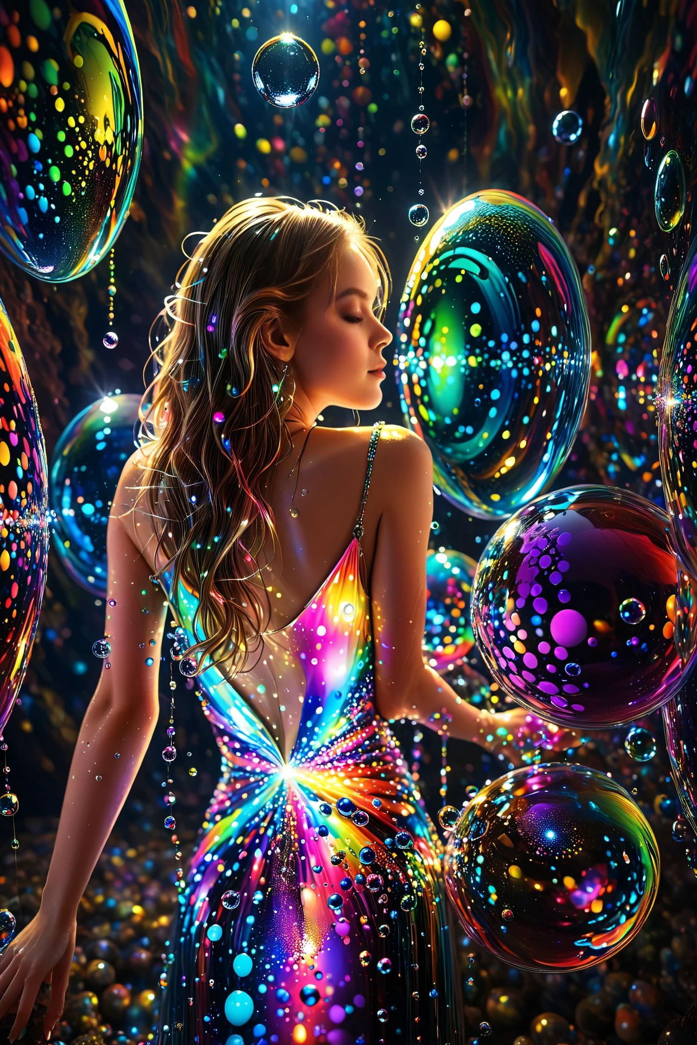 Extreme glow and shine reflect off glass orbs glass bubbles, in a room full of mirrors spheres full of fizzing neon colored liquid spill into reflective bubbles,and the mirrors reflect all the objects. Incorporate perfect symmetry and rotational symmetry. A psychedelic dream, vibrant colors shimmering, glass morphing from colors, intricate rainbow patterns twist in and out of objects while dripping into each other, perfectly formed symmetrical spheres and glowing reflective bubbles, extreme attention to detail on the bubbles and spheres, rainbows of color twist out of translucent orbs, spilled paint and spirals of swirling color in the background, beautiful psychedelic digital art, pixel art, neon colors, 4d mandelbulb psychedelics, glass-like psychedelic landscape, intricate rainbow environment, psychedelic underwater brightness, trails of color and light, bright fluorescent colors, psychedelic vibrant colors, bright psychedelic neon colors, colorful paint drips out of the bubbles, 3D glass spheres melting into each other spilling out colors, visually disorienting, hallucination inducing, optical illusions, startling, stunning images, awe-inspiringly, best quality wallpaper, pixel assets, portrait photography, surrealism, photorealistic, hyper detailed, glass morphism, digital art, sparkle, optical illusion, glowing light, reflection light, overexposure, god rays backlighting, depth of field, rotational symmetry, UHD, high details, high quality, super detailed, best quality, award winning, Masterpiece. Spheres reflecting light everywhere and it brings out images and optical illusions for the viewer's disorienting experience of looking at it. Super bright neon Colors.** incorporate bright neon green, neon blue, neon purple, neon yellow, &blood red**Extreme glow and shine reflect off