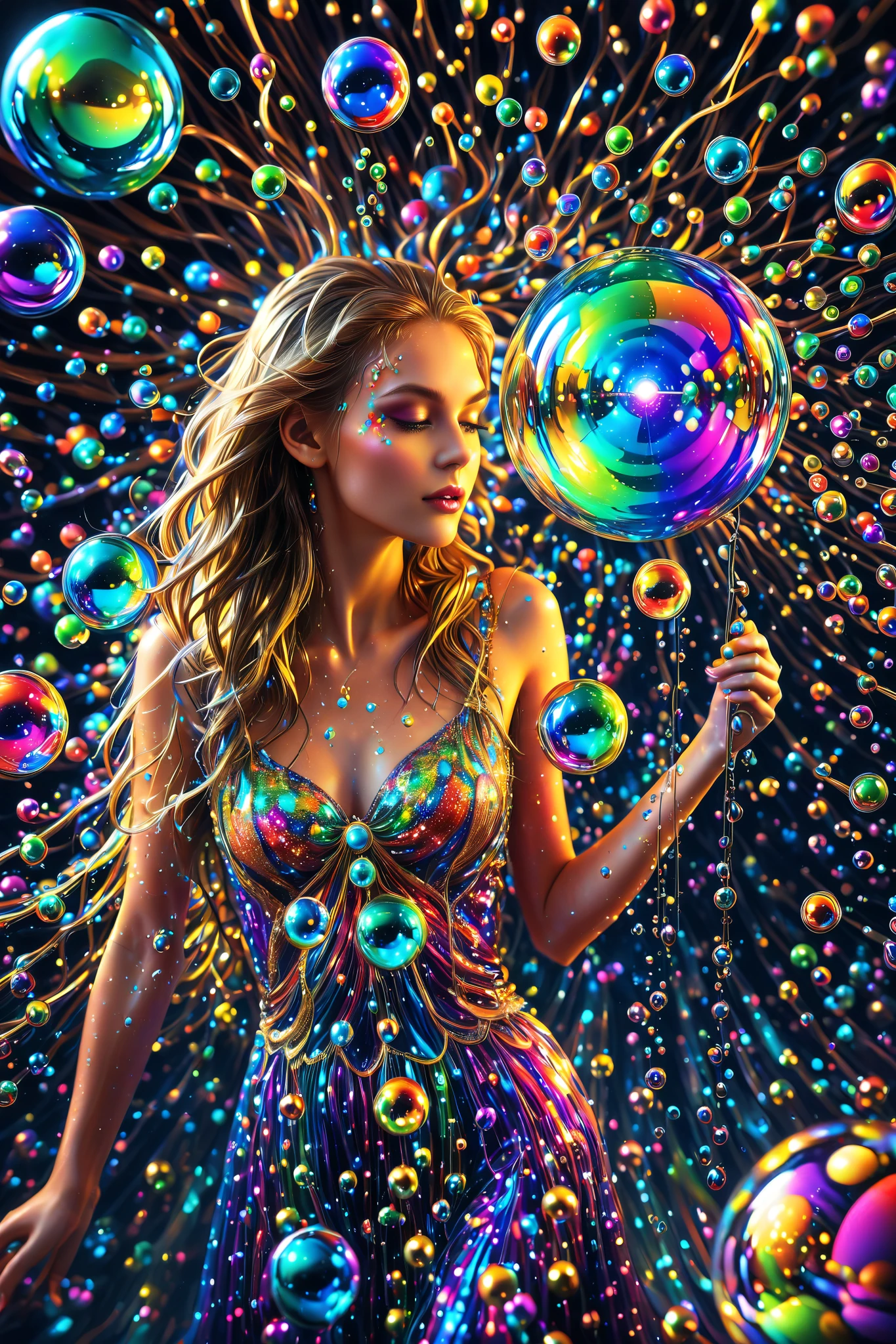 Extreme glow and shine reflect off glass orbs glass bubbles, in a room full of mirrors spheres full of fizzing neon colored liquid spill into reflective bubbles,and the mirrors reflect all the objects. Incorporate perfect symmetry and rotational symmetry. A psychedelic dream, vibrant colors shimmering, glass morphing from colors, intricate rainbow patterns twist in and out of objects while dripping into each other, perfectly formed symmetrical spheres and glowing reflective bubbles, extreme attention to detail on the bubbles and spheres, rainbows of color twist out of translucent orbs, spilled paint and spirals of swirling color in the background, beautiful psychedelic digital art, pixel art, neon colors, 4d mandelbulb psychedelics, glass-like psychedelic landscape, intricate rainbow environment, psychedelic underwater brightness, trails of color and light, bright fluorescent colors, psychedelic vibrant colors, bright psychedelic neon colors, colorful paint drips out of the bubbles, 3D glass spheres melting into each other spilling out colors, visually disorienting, hallucination inducing, optical illusions, startling, stunning images, awe-inspiringly, best quality wallpaper, pixel assets, portrait photography, surrealism, photorealistic, hyper detailed, glass morphism, digital art, sparkle, optical illusion, glowing light, reflection light, overexposure, god rays backlighting, depth of field, rotational symmetry, UHD, high details, high quality, super detailed, best quality, award winning, Masterpiece. Spheres reflecting light everywhere and it brings out images and optical illusions for the viewer's disorienting experience of looking at it. Super bright neon Colors.** incorporate bright neon green, neon blue, neon purple, neon yellow, &blood red**Extreme glow and shine reflect off